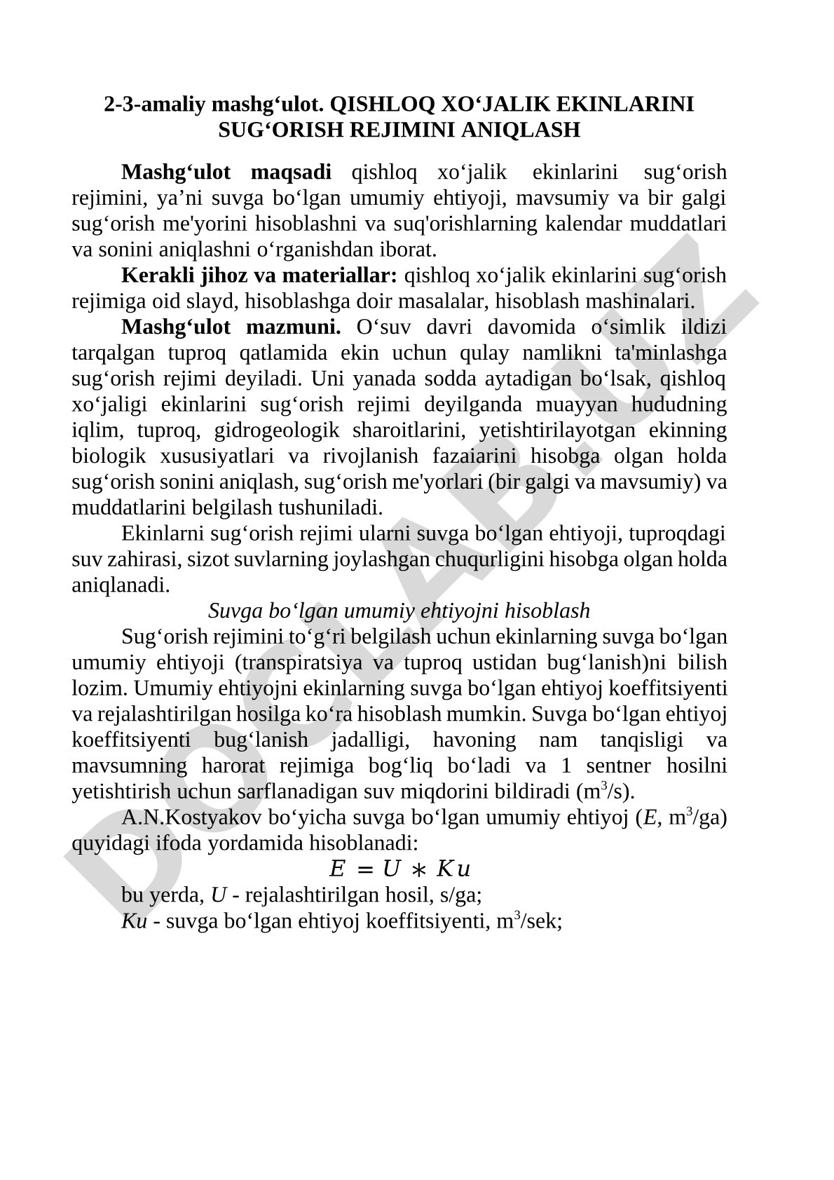 Qishloq xo‘jalik ekinlarini sug‘orish rejimini aniqlash
