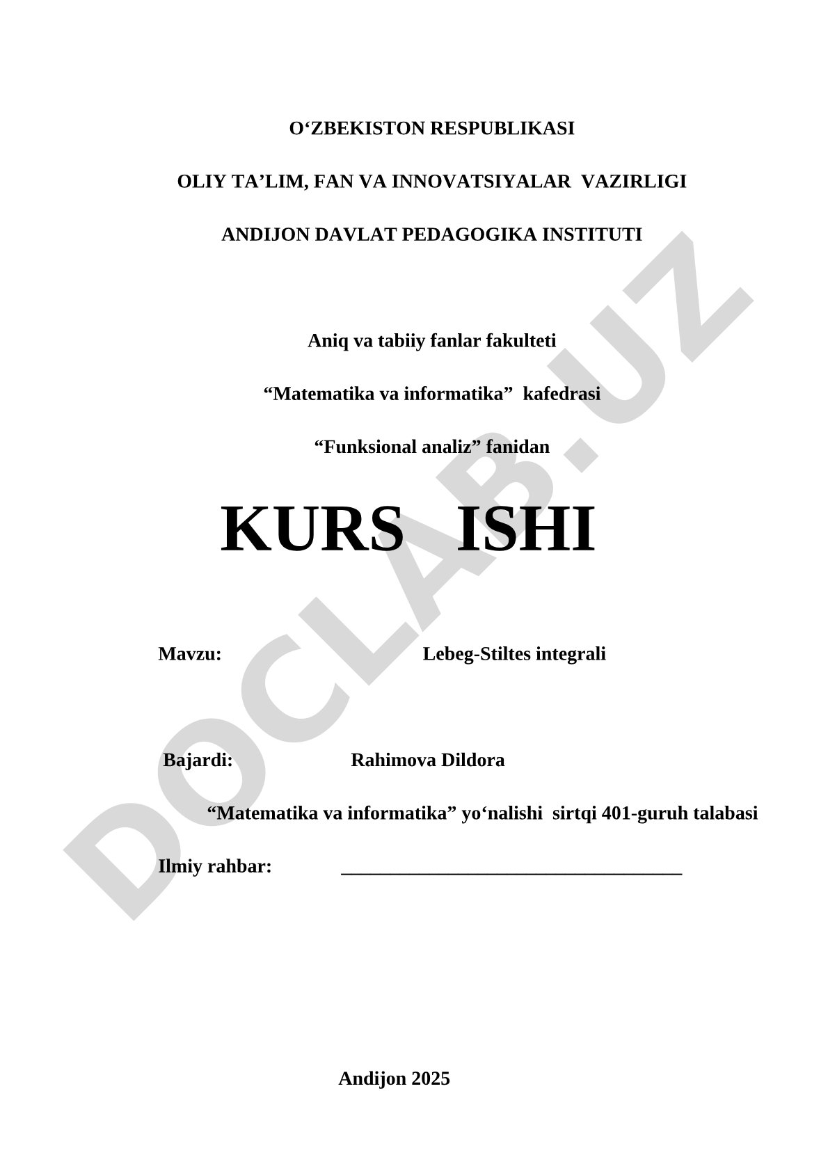 Funksional analiz fanidan kurs ishi: Lebeg-Stiltes integrali, o'lchov nazariyasi