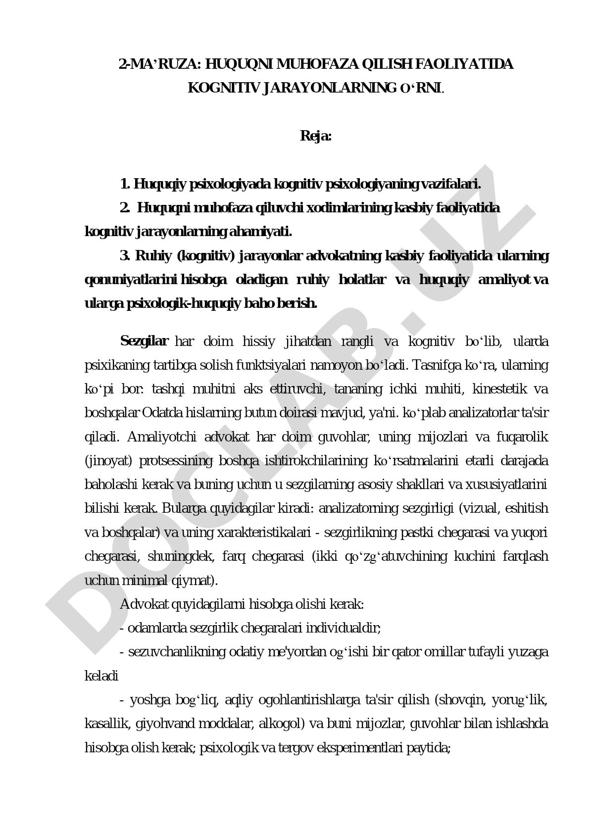 Huquqni muhofaza qilish faoliyatida kognitiv jarayonlarning o‘rni
