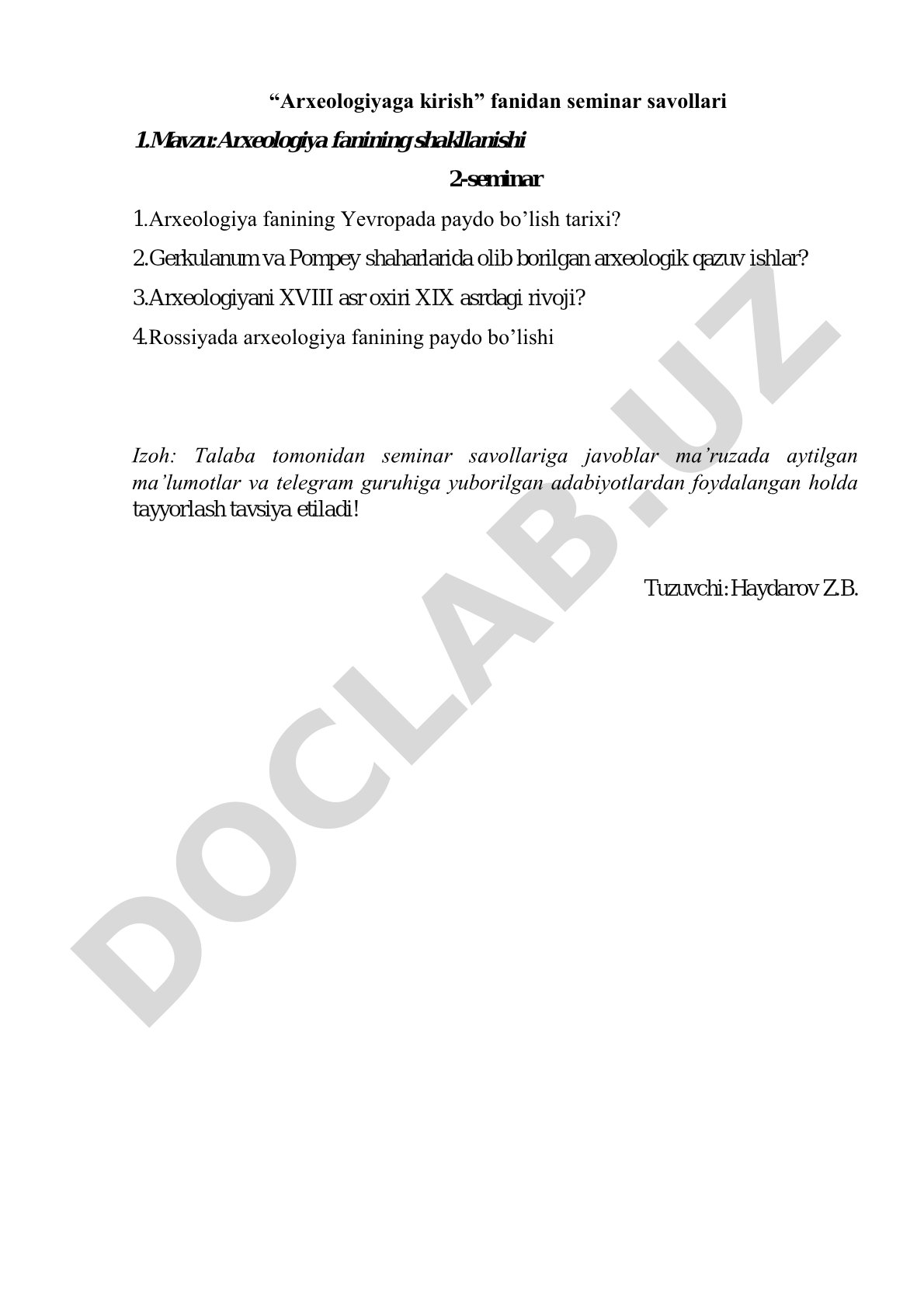 Arxeologiyaga kirish fanidan seminar savollari