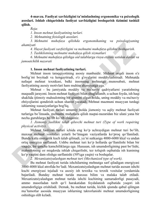 Faoliyat xavfsizligini ta'minlashning ergonomika va psixologik asoslari