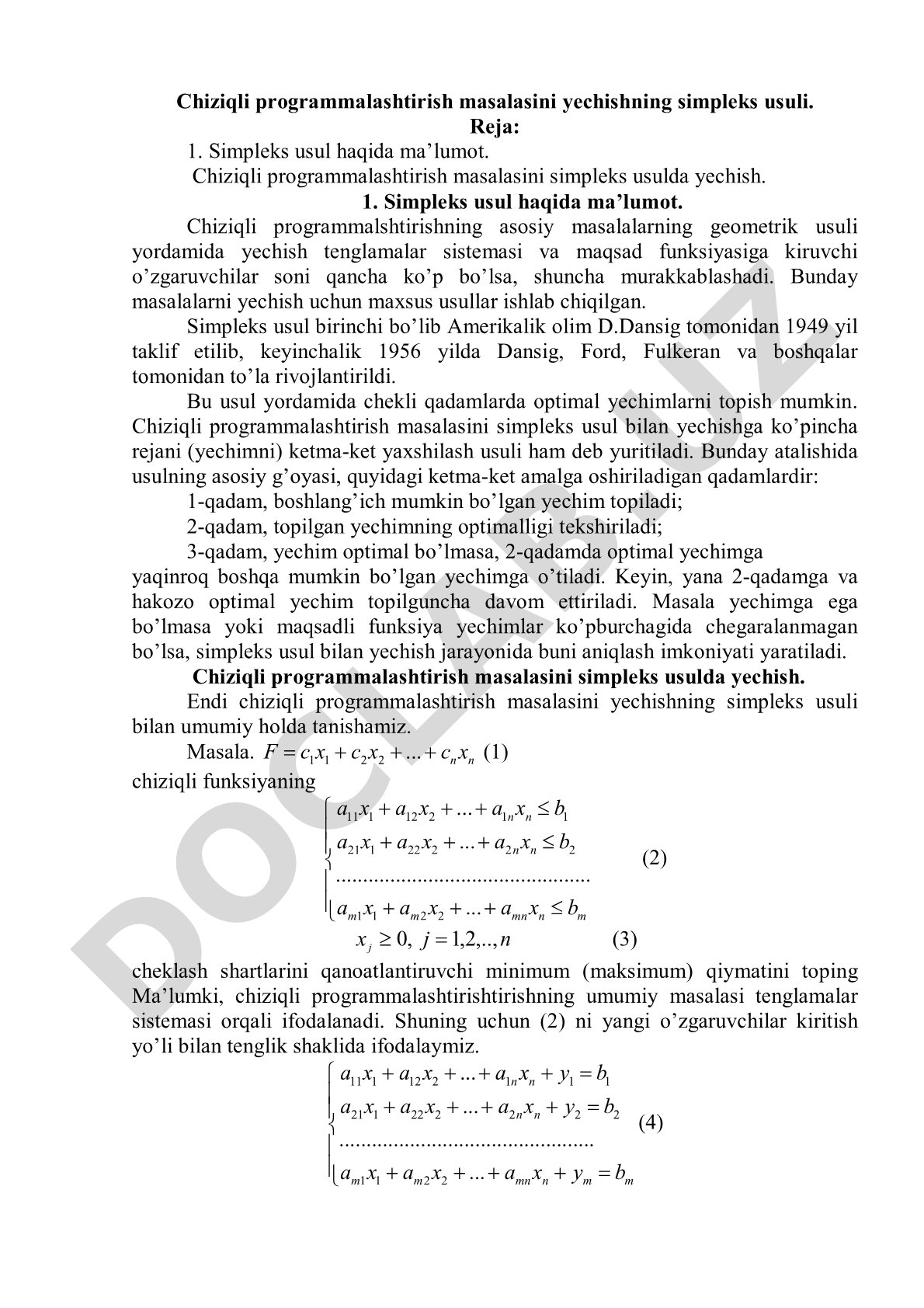 Chiziqli programmalashtirish masalasini yechishning simpleks usuli