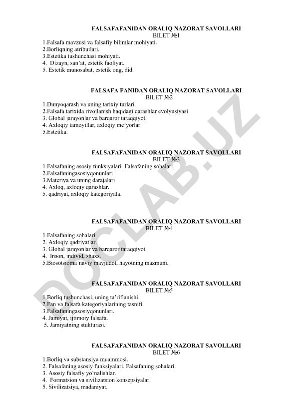 Falsafa fanidan oralig nazorat savollari