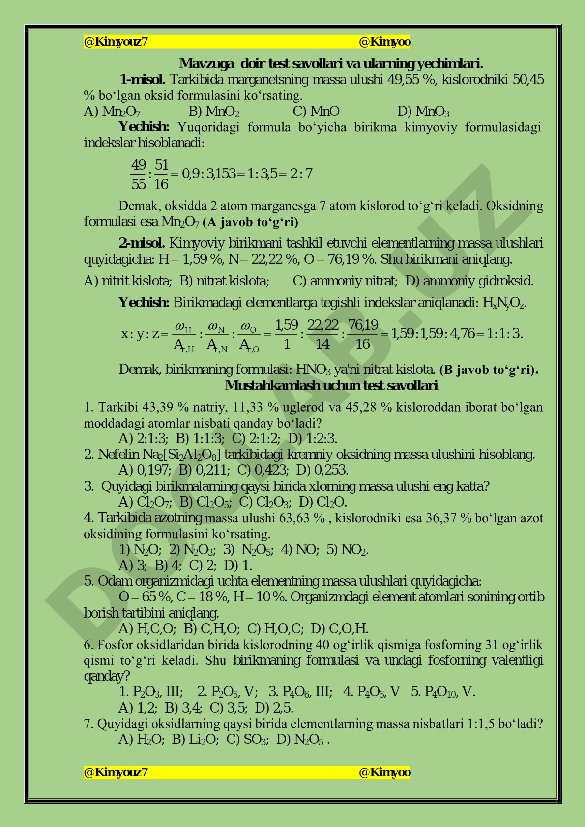 Kimyoviy formulalarni massa ulushi bo'yicha aniqlash
