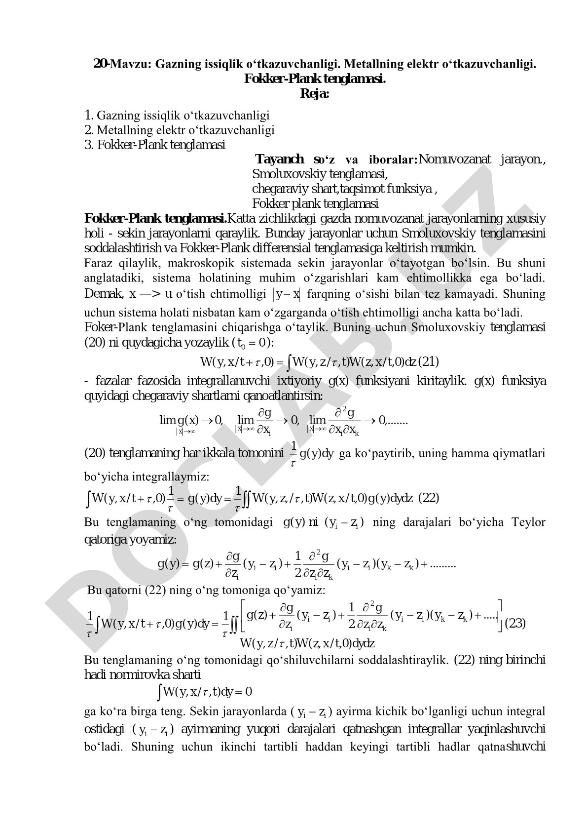 Gazning issiqlik o‘tkazuvchanligi. Metallning elektr o‘tkazuvchanligi. Fokker-Plank tenglamasi