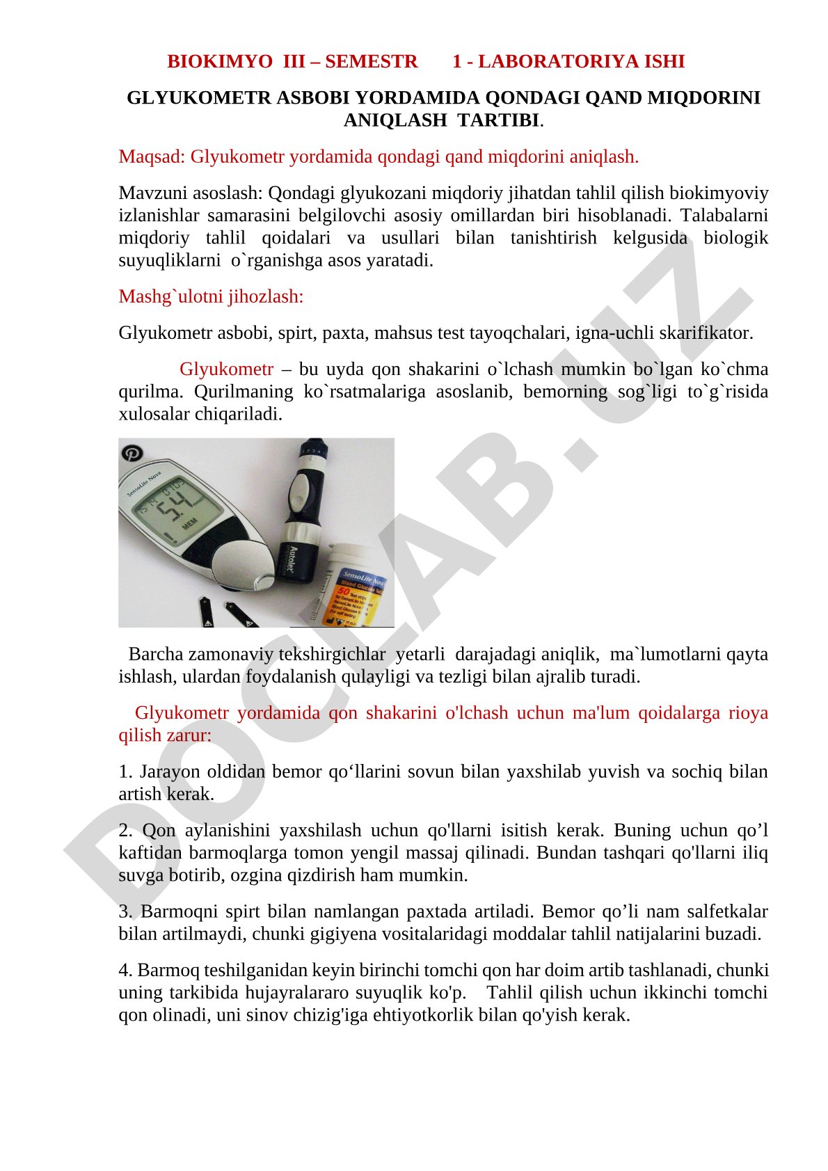 Glyukometr asbobi yordamida qondagi qand miqdorini aniqlash tartibi