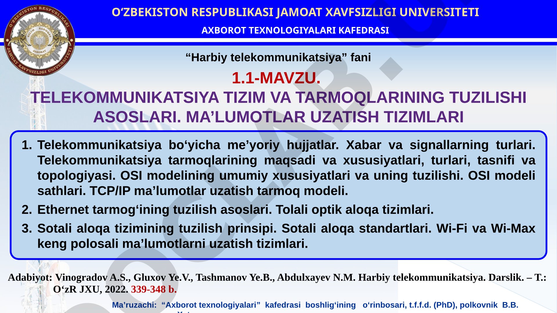Telekommunikatsiya tizim va tarmoqlarining tuzilishi asoslari