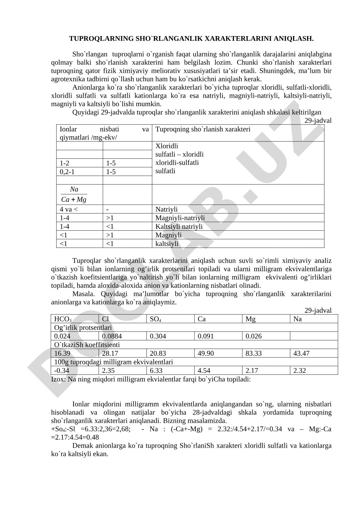 Tuproqlarning sho'rlanganlik xarakterlarini aniqlash