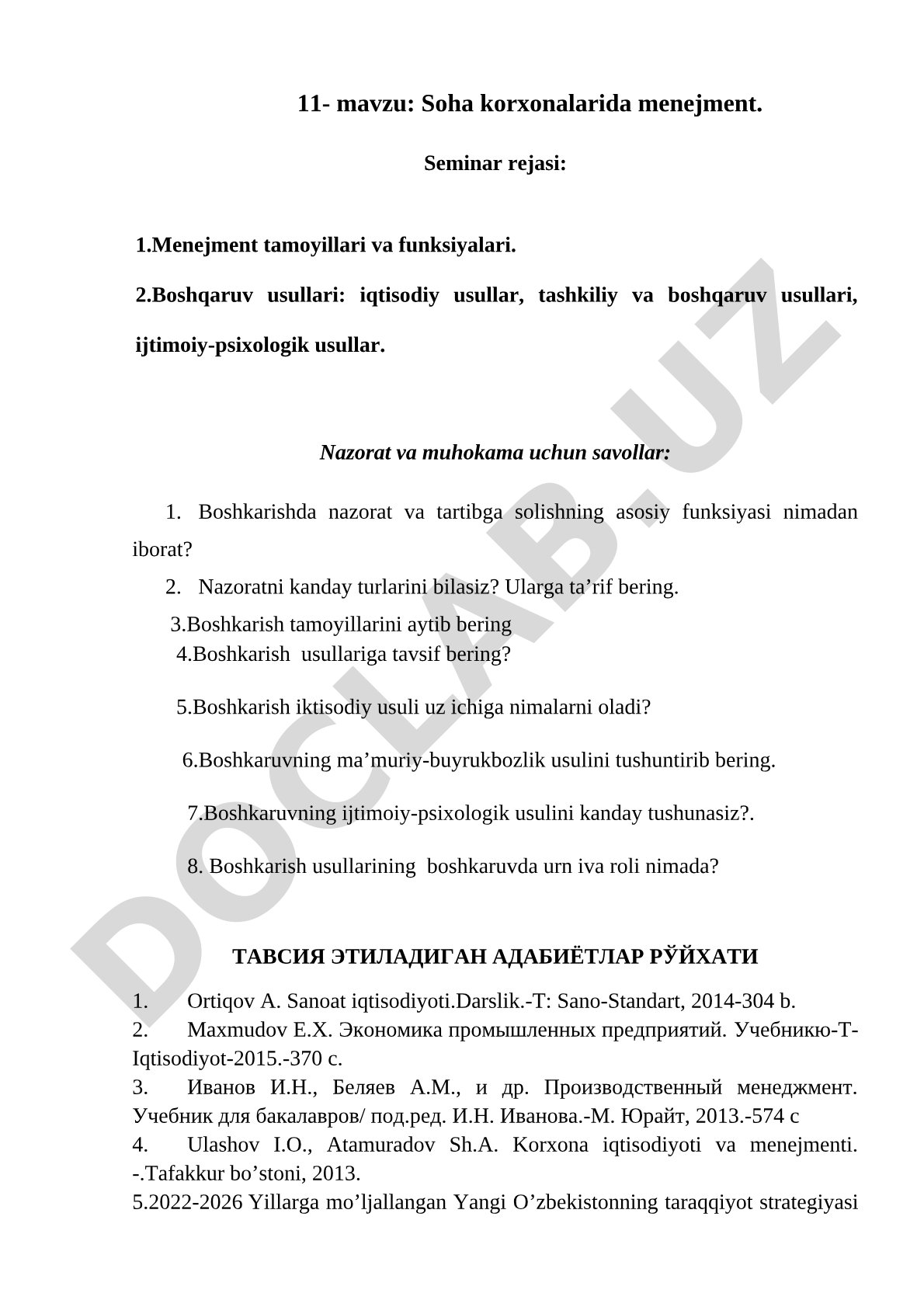Menejment tamoyillari, funksiyalari va boshqaruv usullari haqida seminar rejasi