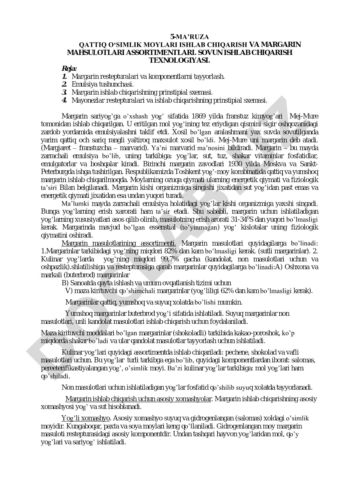 Qattiq o‘simlik moylari ishlab chiqarish va margarin mahsulotlari assortimentlari. Sovun ishlab chiqarish texnologiyasi.