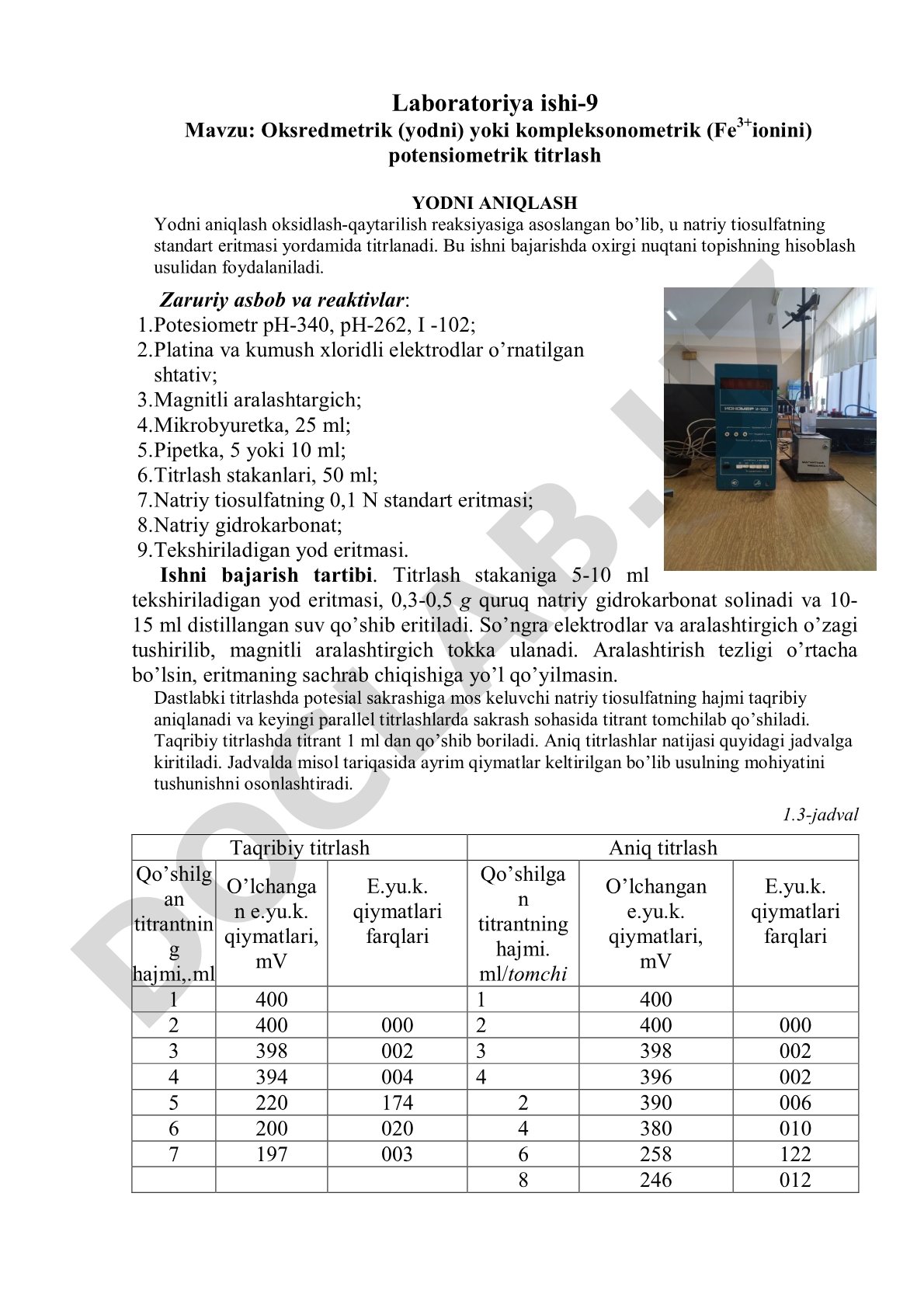 Oksredmetrik (yodni) yoki kompleksonometrik (Fe3+ionini) potensiometrik titrlash