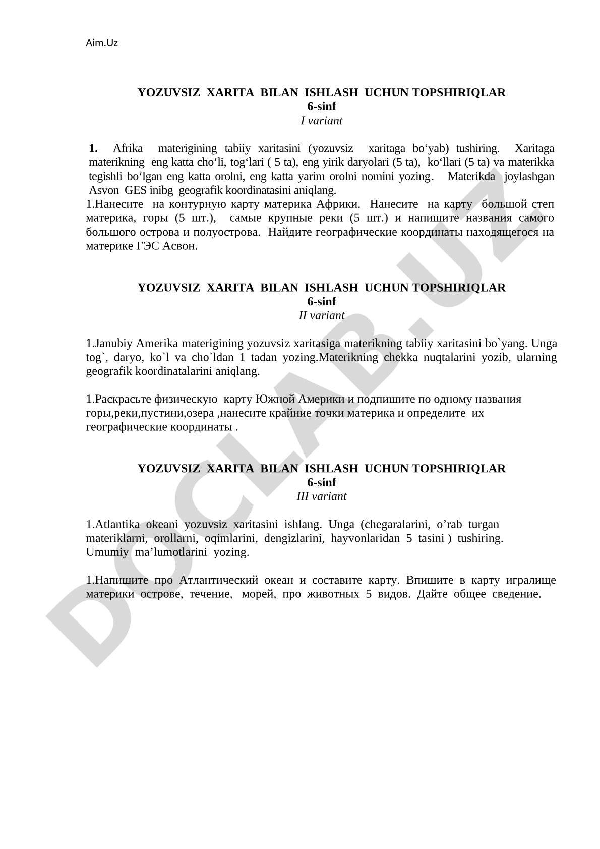 Yozuvsiz xarita bilan ishlash uchun topshiriqlar 6-sinf