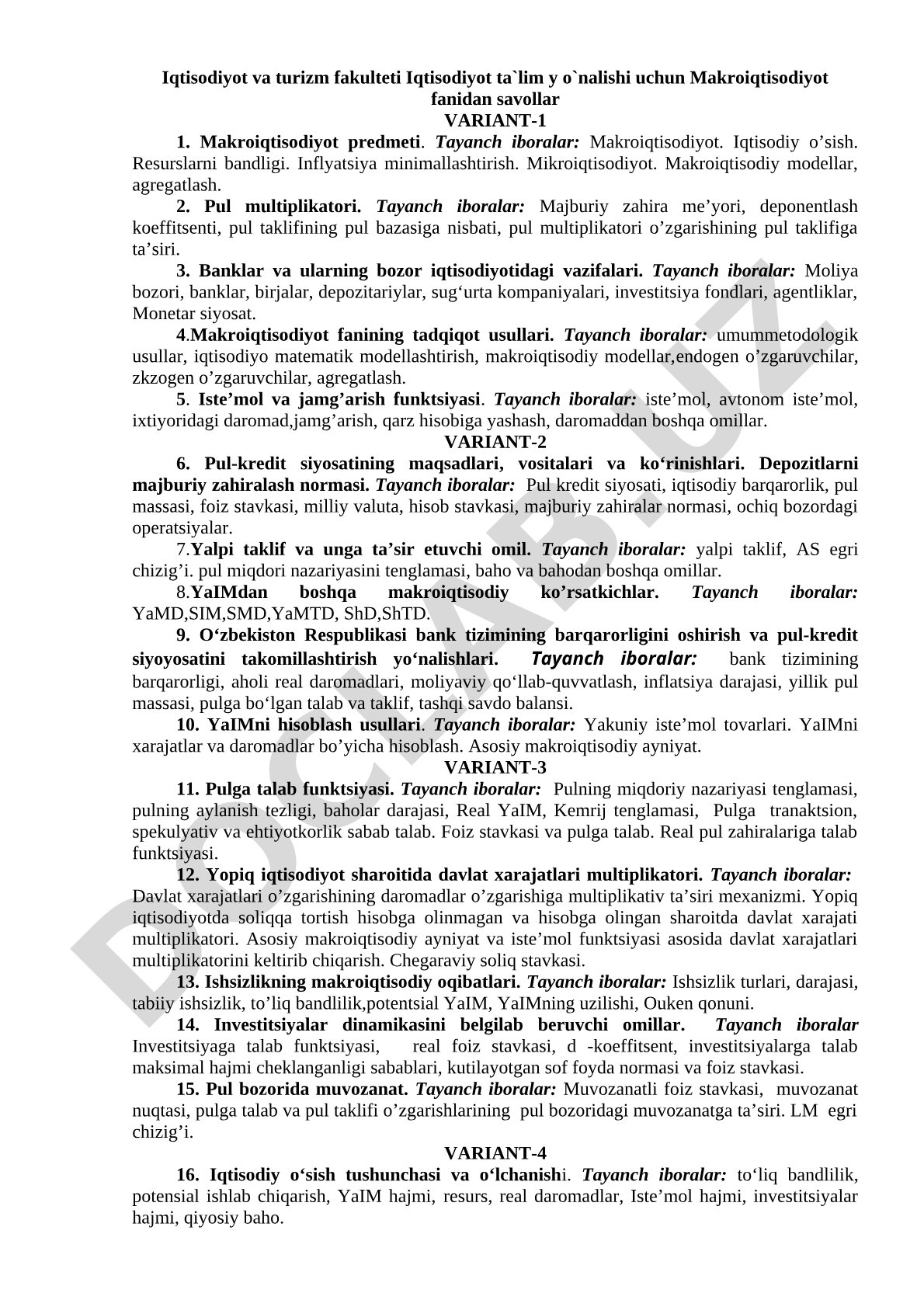Makroiqtisodiyot fanidan savollar va tayanch iboralar