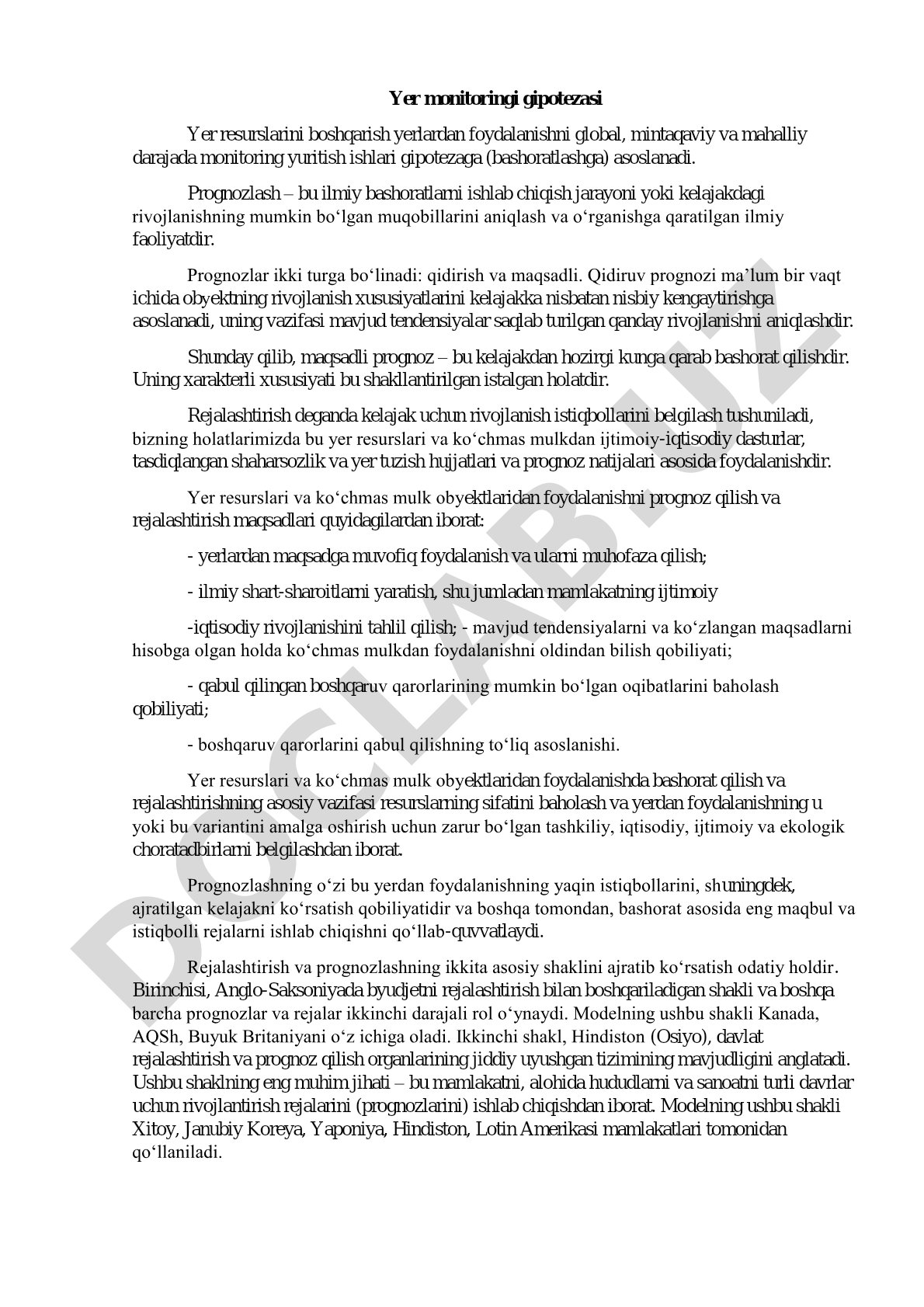 Yer monitoringi gipotezasi va yer resurslarini boshqarish prognozi
