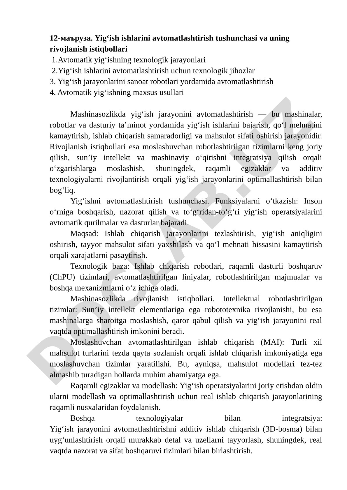 Yig‘ish ishlarini avtomatlashtirish tushunchasi va uning rivojlanish istiqbollari