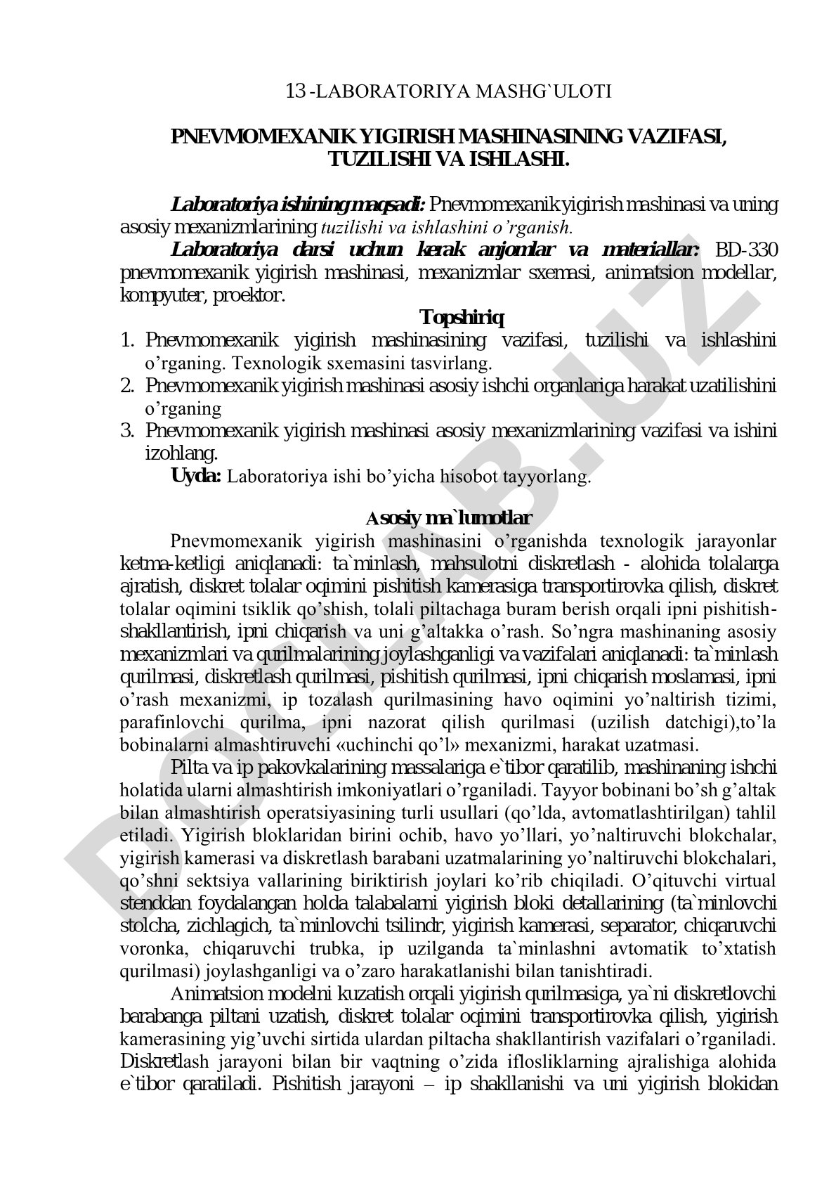 Pnevmomexanik yigirish mashinasining vazifasi, tuzilishi va ishlashi