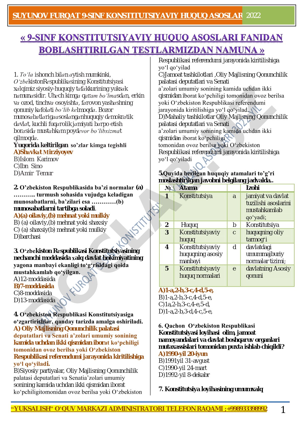 Konstitutsiyaviy huquq asoslaridan test savollari