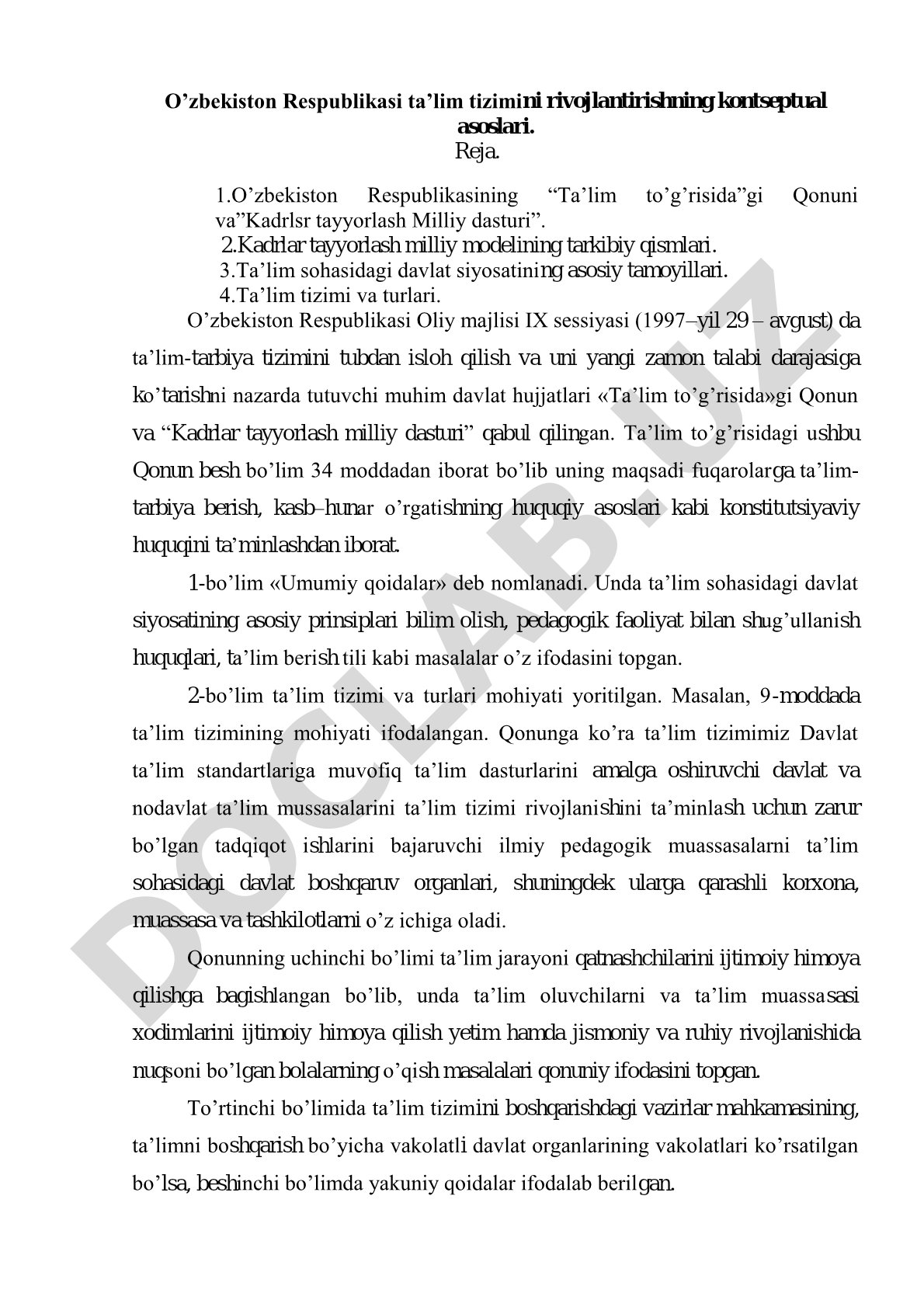 O'zbekiston Respublikasi ta'lim tizimini rivojlantirishning kontseptual asoslari