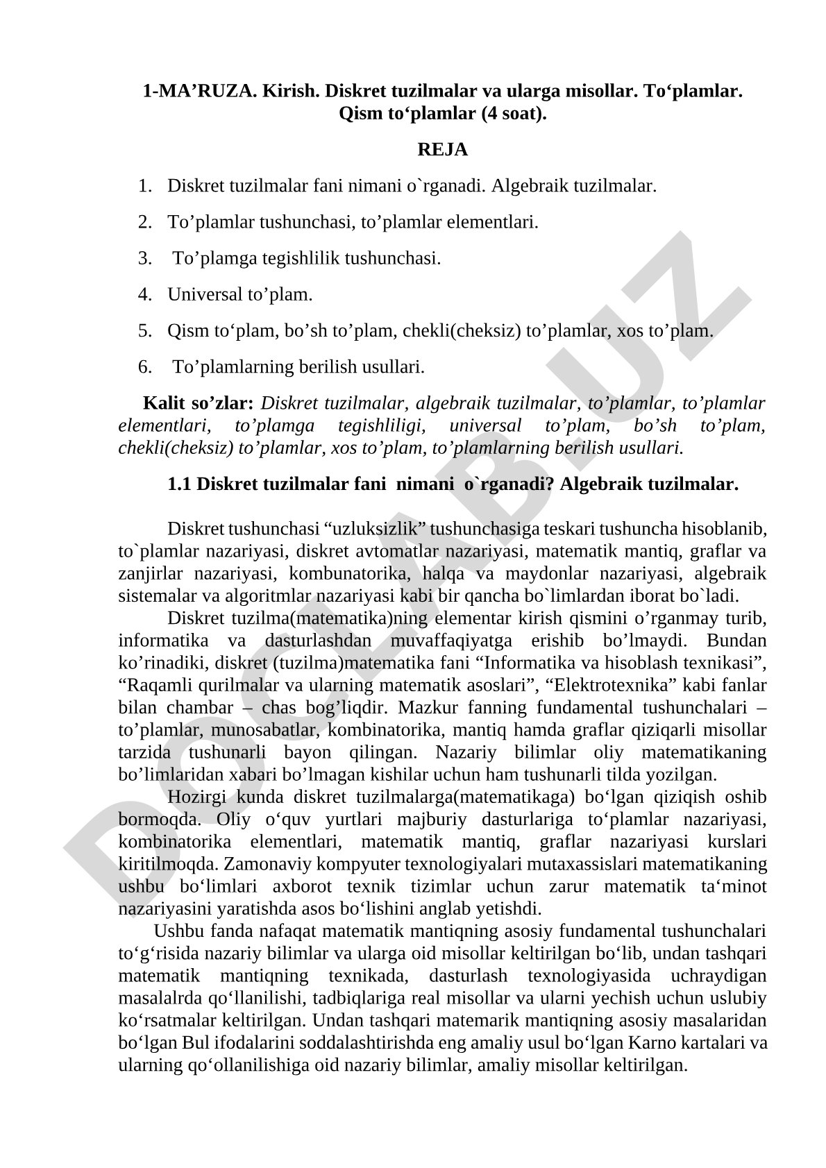 Kirish. Diskret tuzilmalar va ularga misollar. To‘plamlar. Qism to‘plamlar