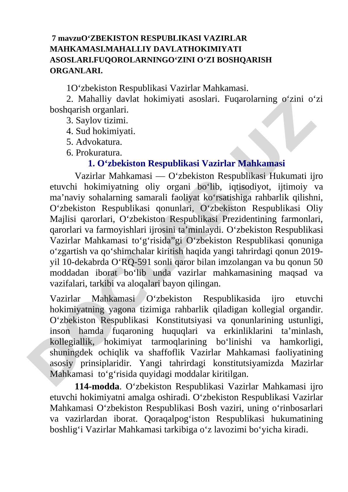 O‘zbekiston Respublikasi Vazirlar Mahkamasi. Mahalliy davlat hokimiyati asoslari. Fuqarolarning o‘zini o‘zi boshqarish organlari