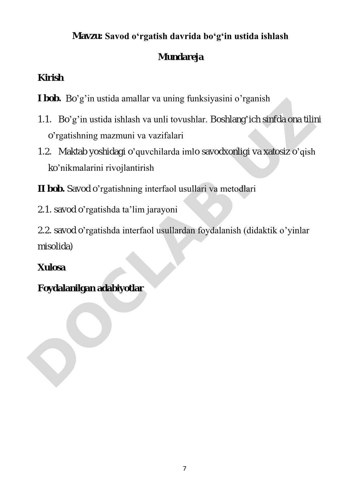 Savod o‘rgatish davrida bo‘g‘in ustida ishlash