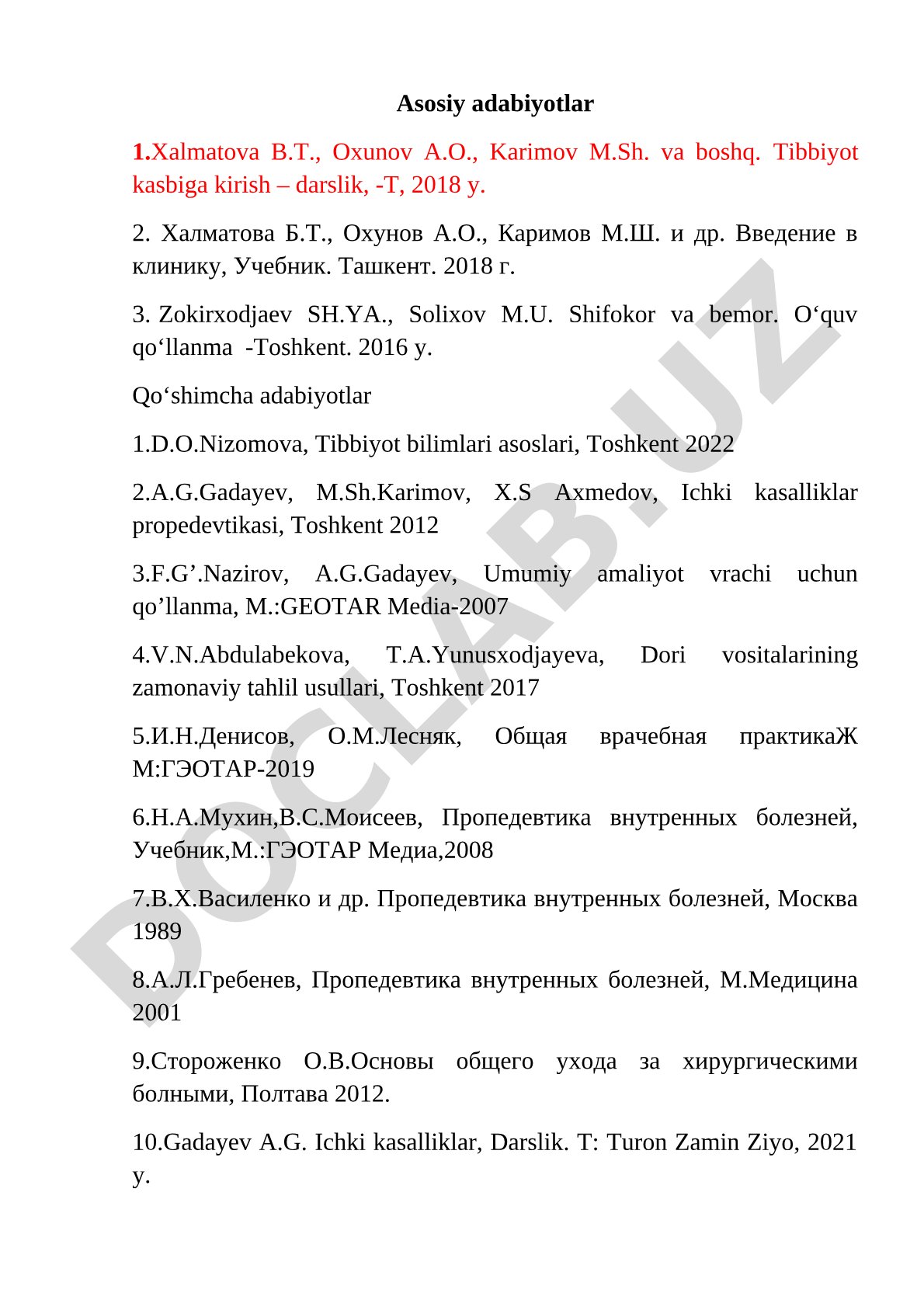 Tibbiyot kasbiga kirish va ichki kasalliklar propedevtikasi adabiyotlari