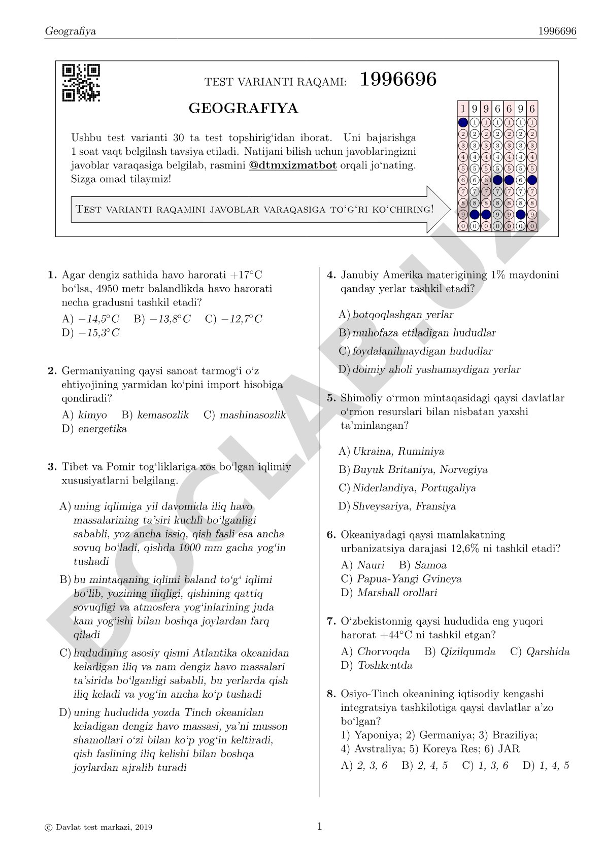 Geografiyadan 30 ta test topshirig‘idan iborat test varianti