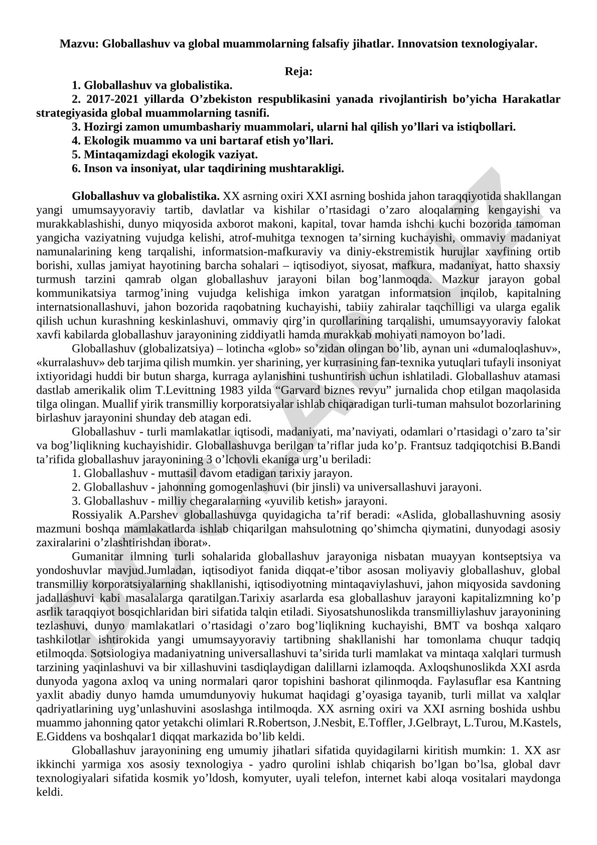 Globallashuv va global muammolarning falsafiy jihatlar. Innovatsion texnologiyalar.
