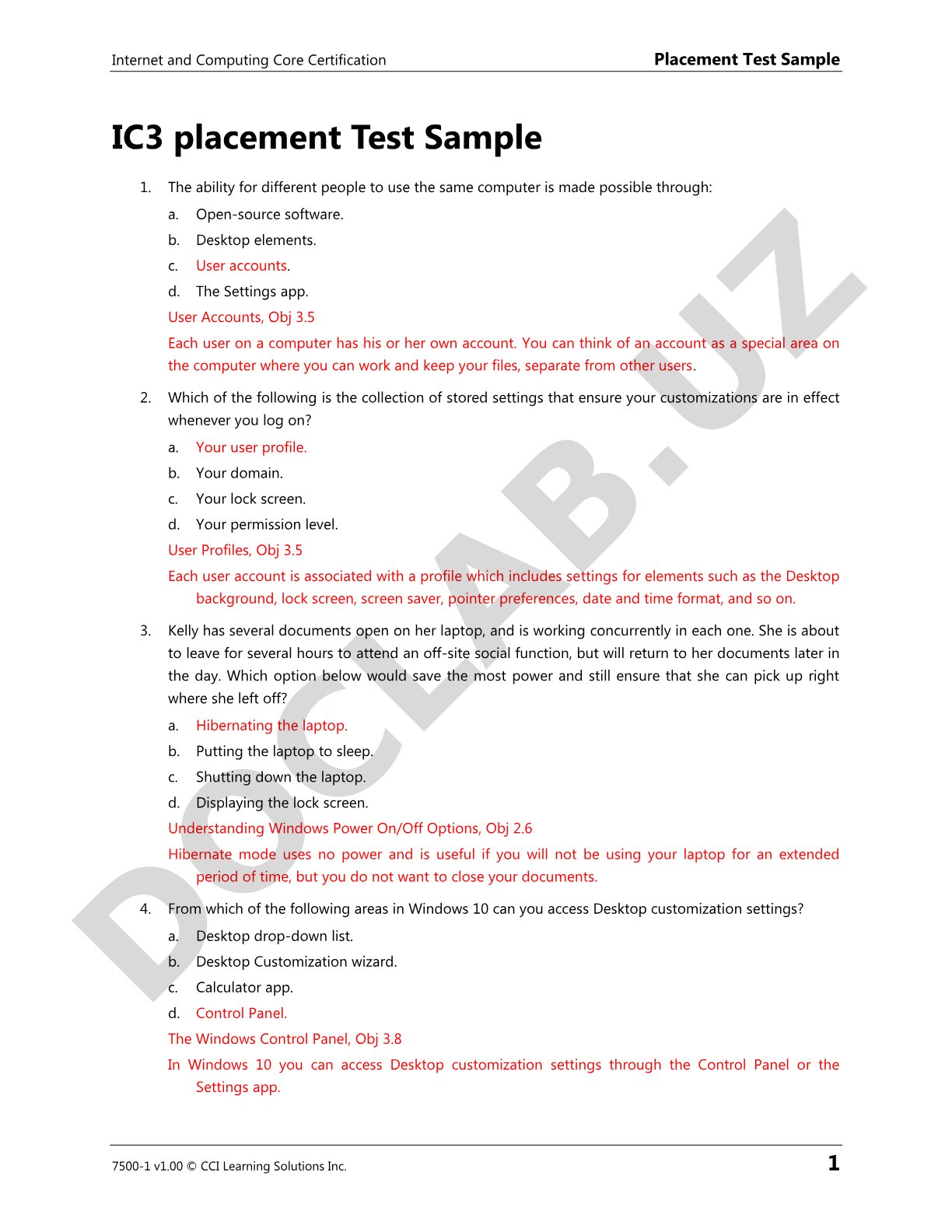 Internet and Computing Core Certification Placement Test Sample