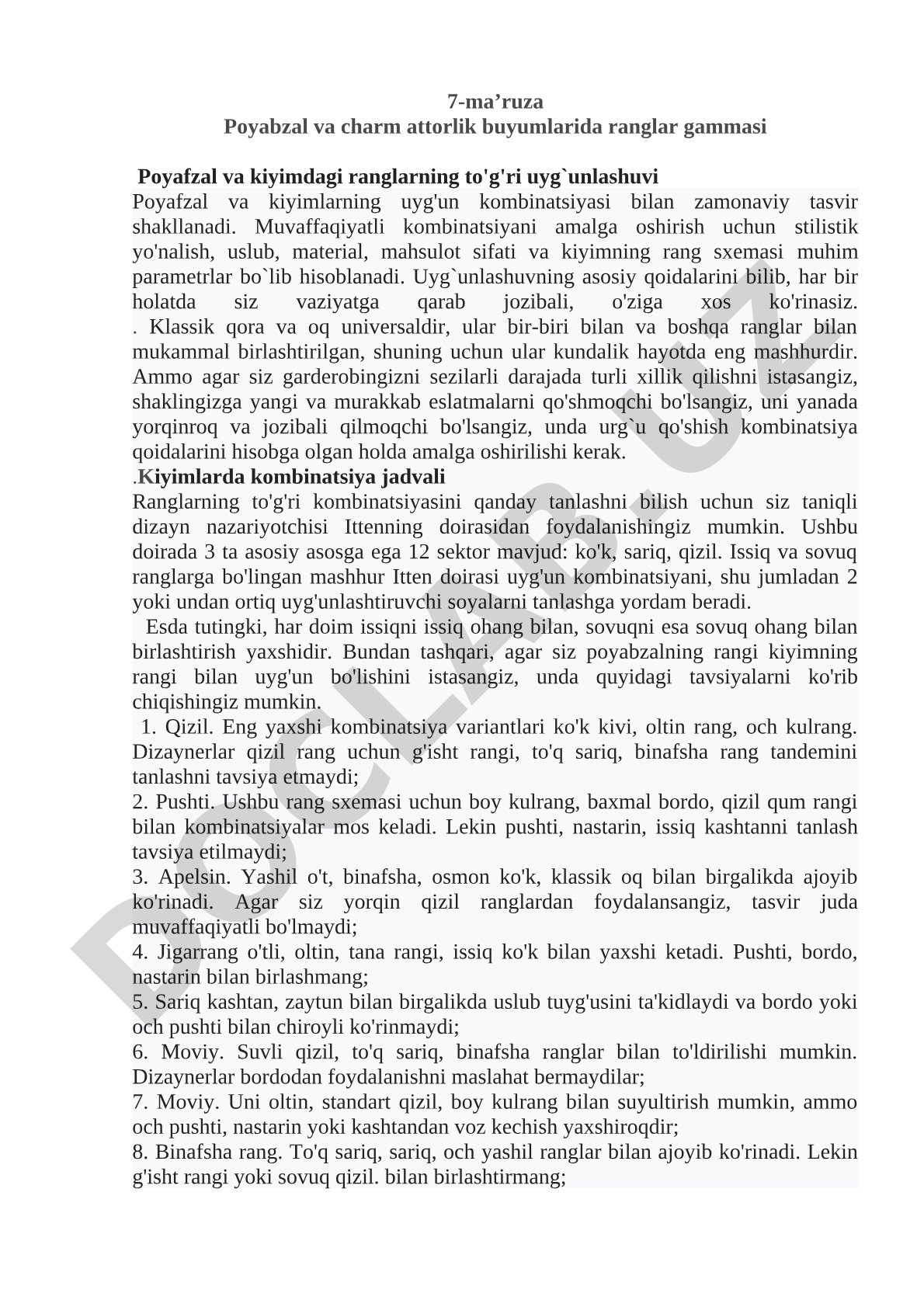 Poyabzal va charm attorlik buyumlarida ranglar gammasi