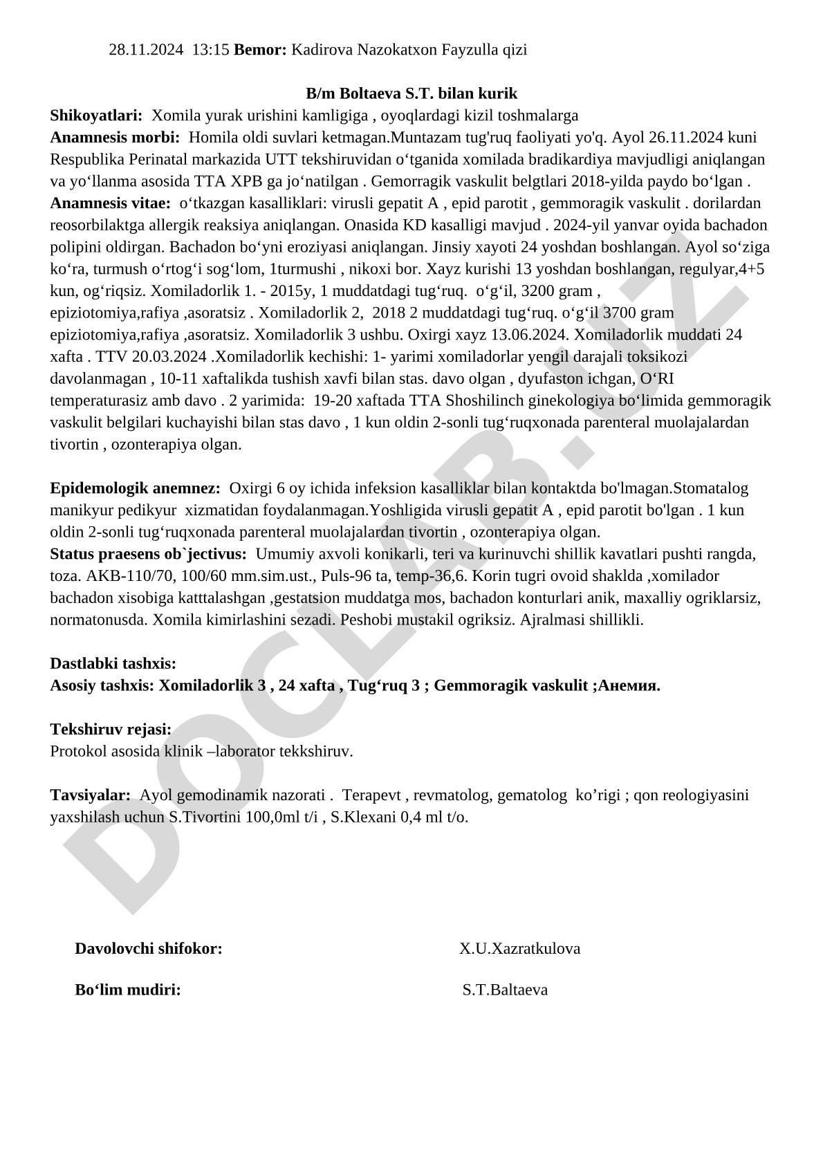 Homiladorlikda homila bradikardiyasi va gemorragik vaskulit bilan bemor kuzatuvi
