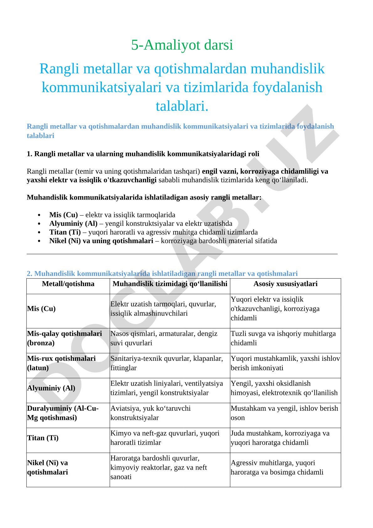 Rangli metallar va qotishmalardan muhandislik kommunikatsiyalari va tizimlarida foydalanish talablari