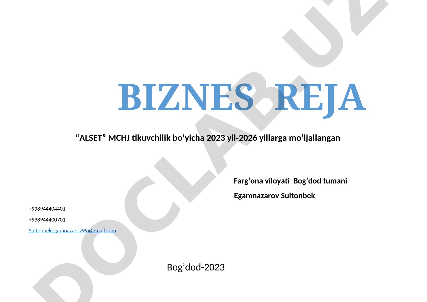 ALSET MCHJ tikuvchilik korxonasining 2023-2026 yilgi biznes rejasi