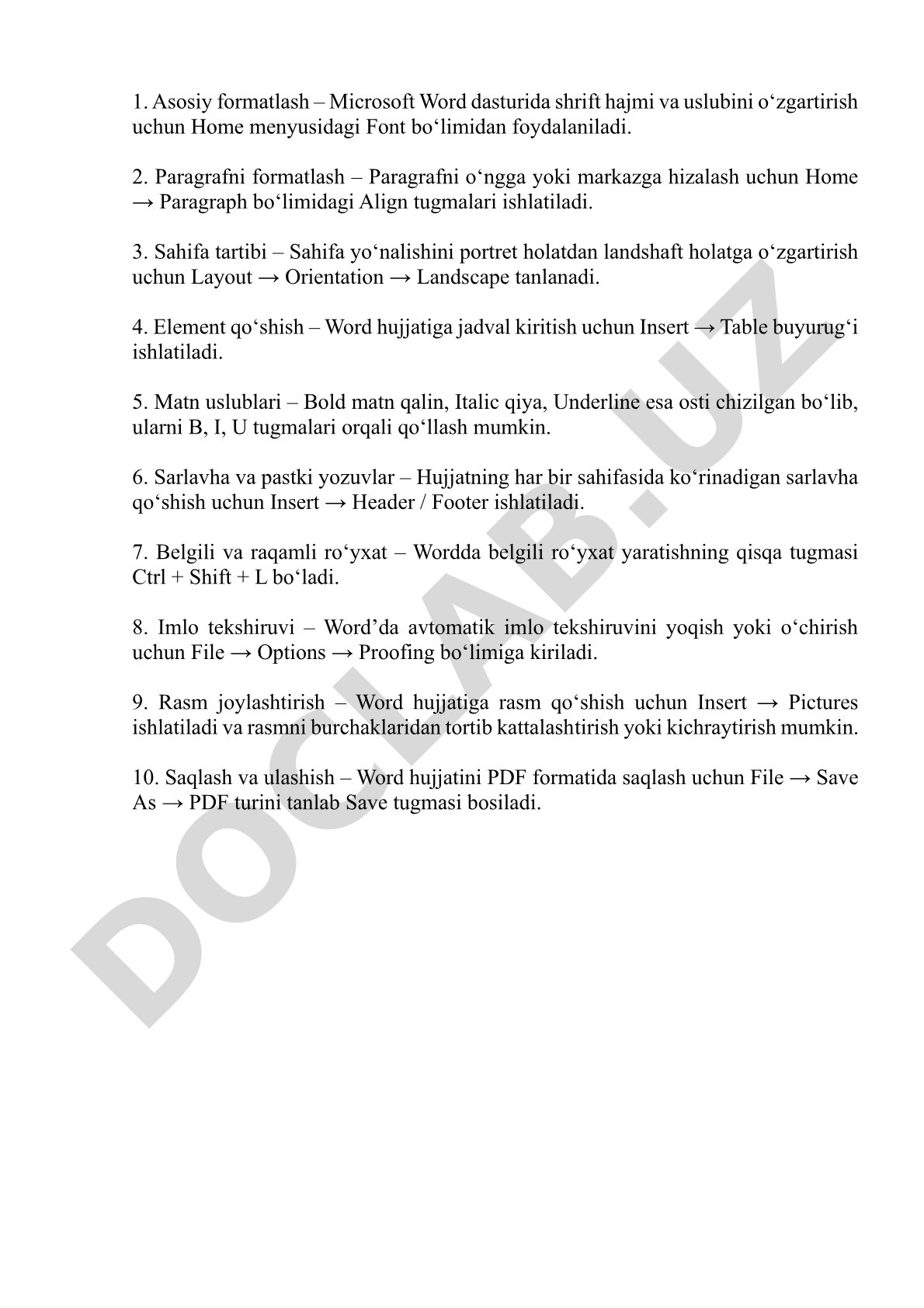Microsoft Word dasturining asosiy funksiyalari