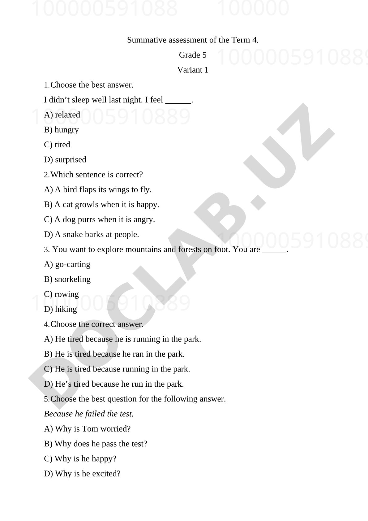 Grade 5 Term 4 Summative Assessment Variant 1
