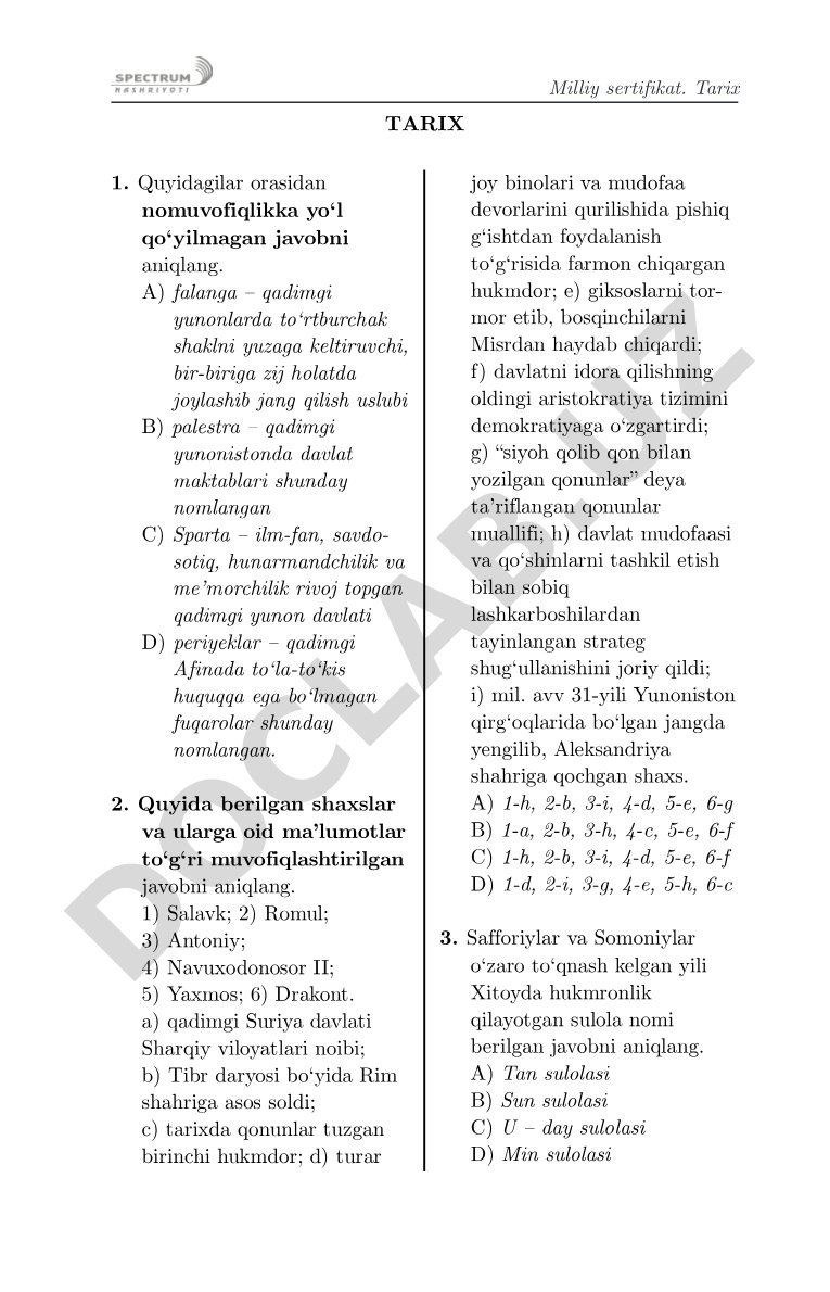 Tarix fanidan qadimgi dunyo test savollari