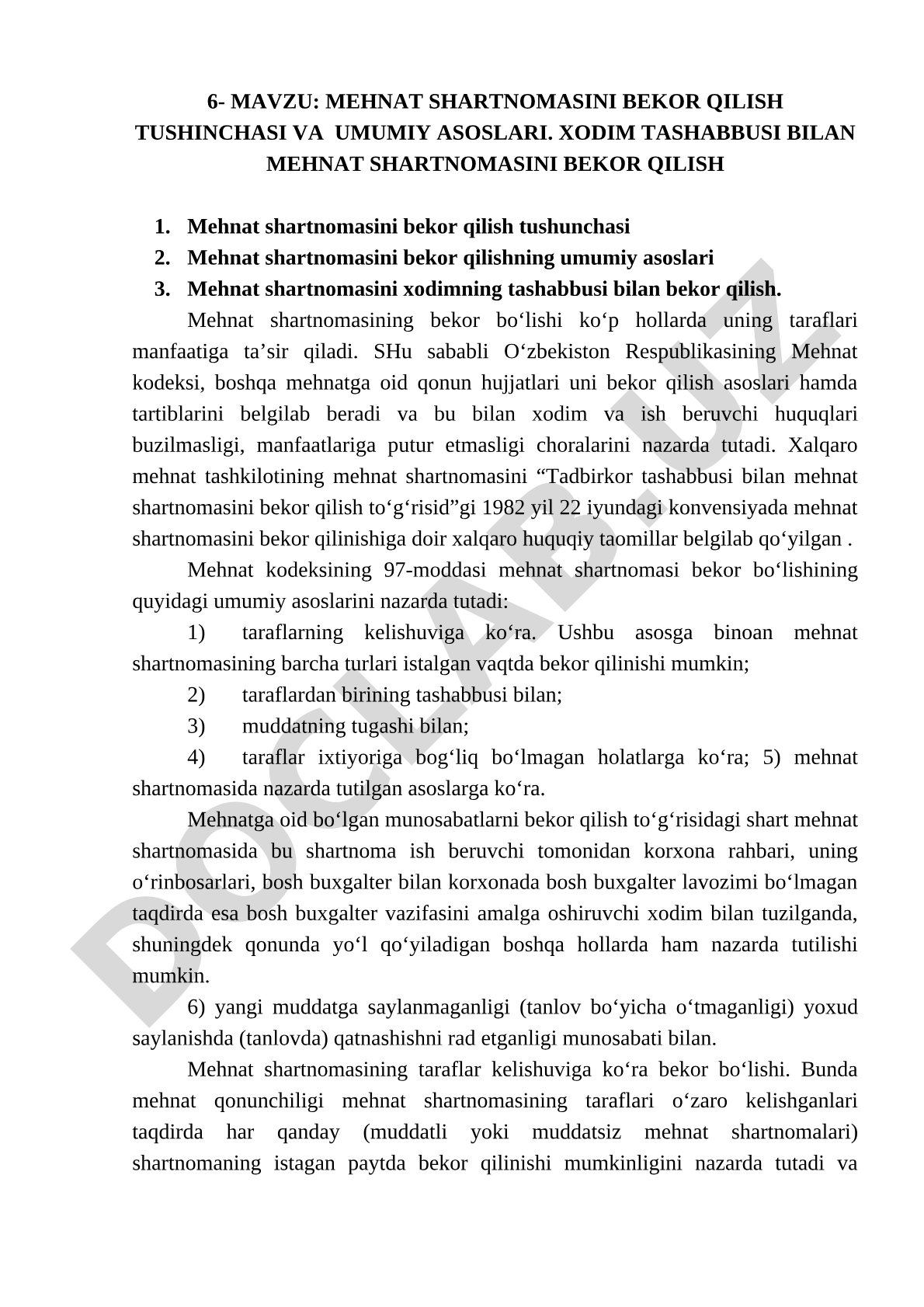 Mehnat shartnomasini bekor qilish tushunchasi va umumiy asoslari