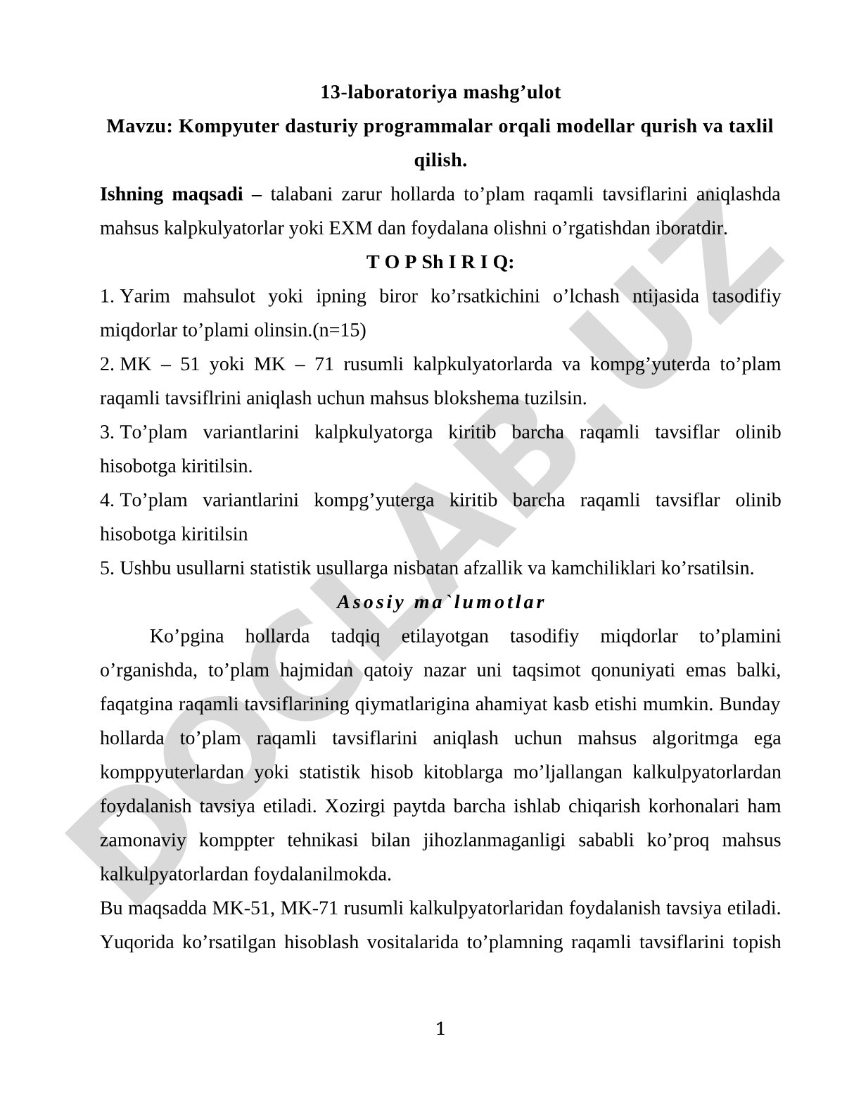 Kompyuter dasturiy programmalar orqali modellar qurish va taxlil qilish