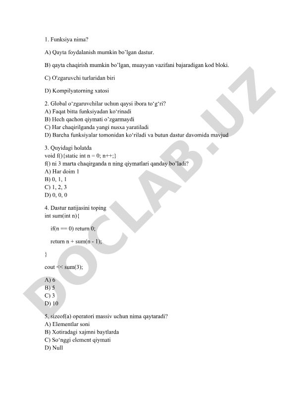 Dasturlash test savollari va javoblari