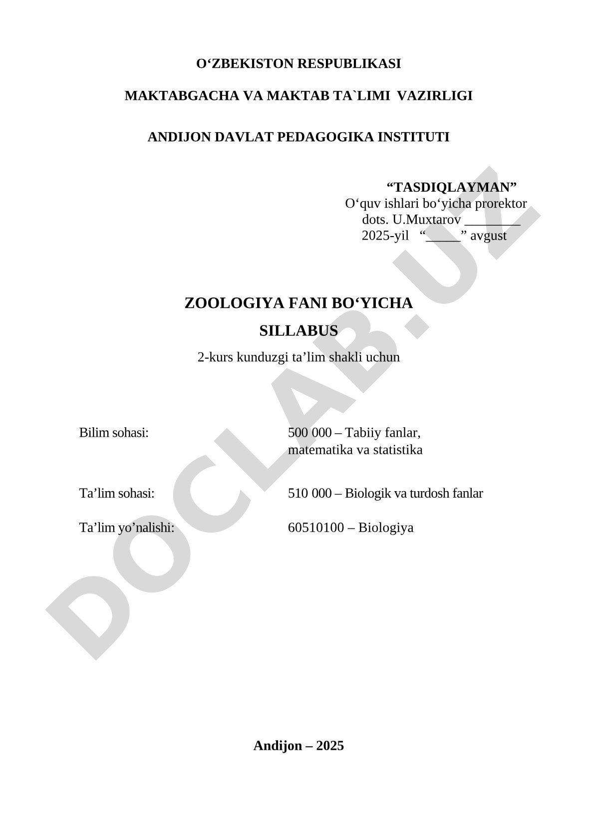 Zoologiya fani bo'yicha sillabus