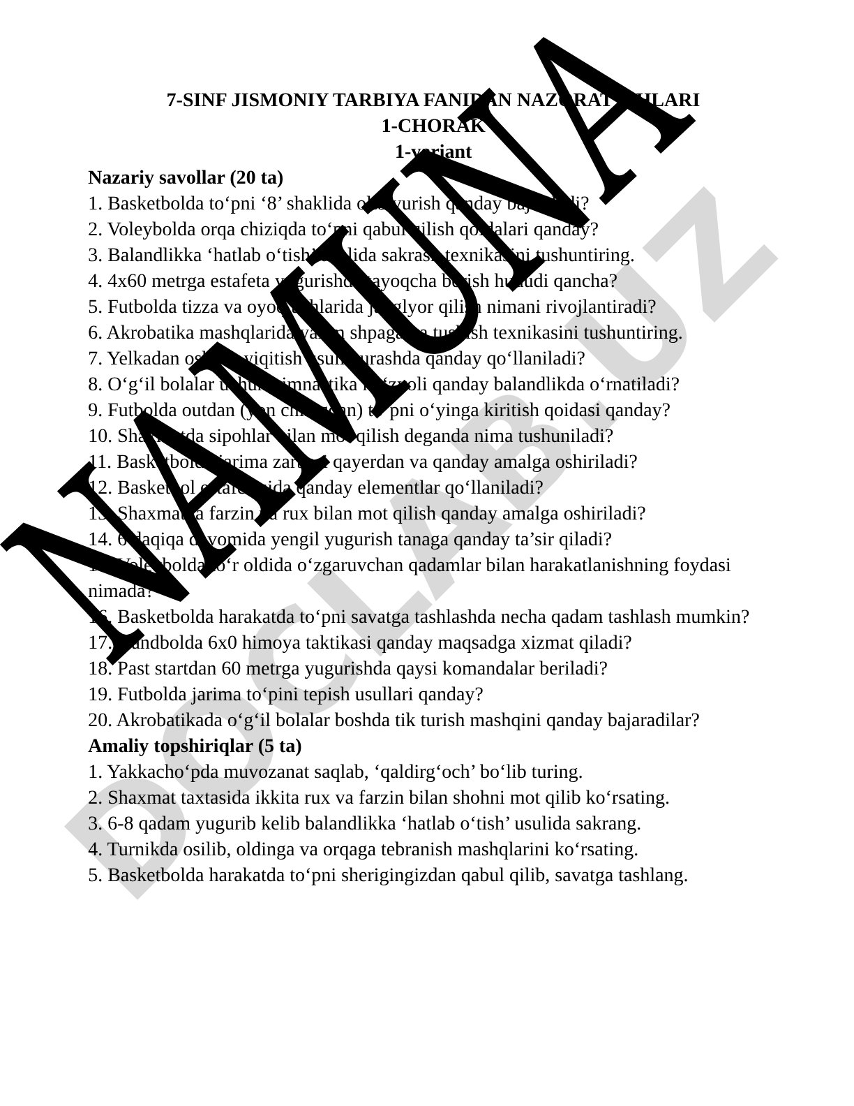 7-sinf jismoniy tarbiya fanidan nazorat ishlari 1-chorak 1-variant