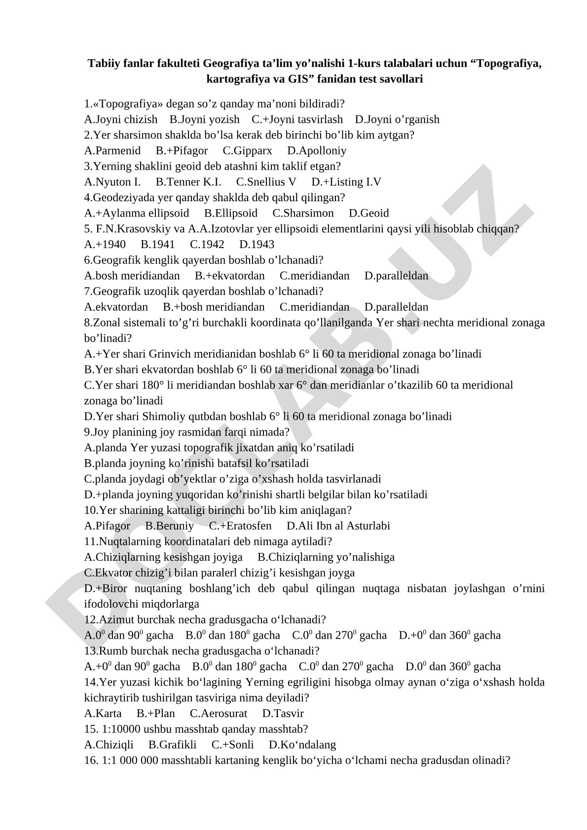 Topografiya, kartografiya va GIS fanidan test savollari