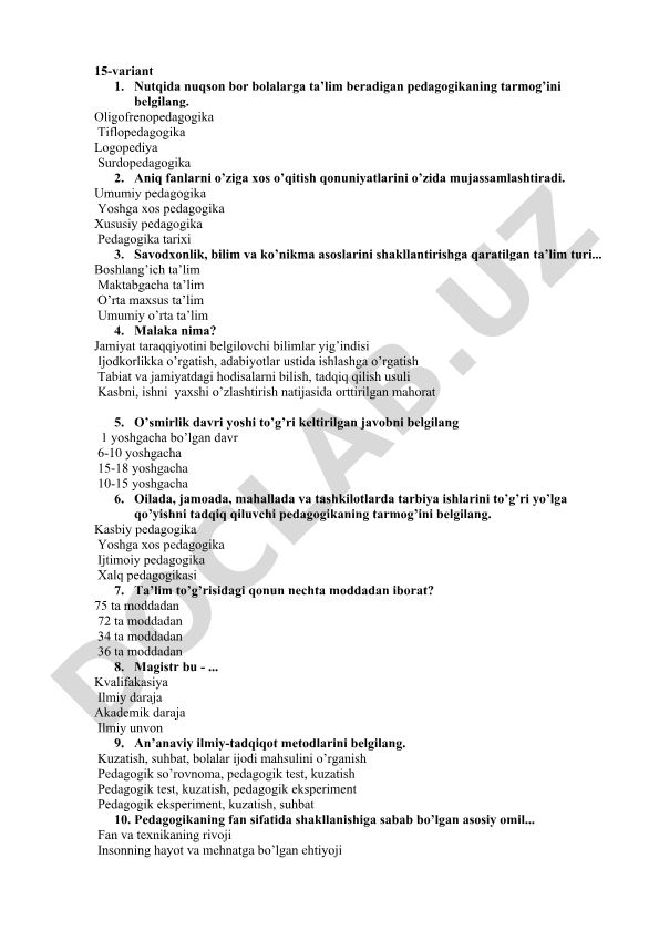 Pedagogika fanidan test savollari va javoblari