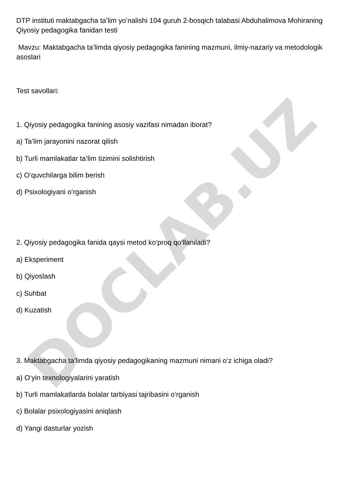 Maktabgacha ta’limda qiyosiy pedagogika fanining mazmuni, ilmiy-nazariy va metodologik asoslari