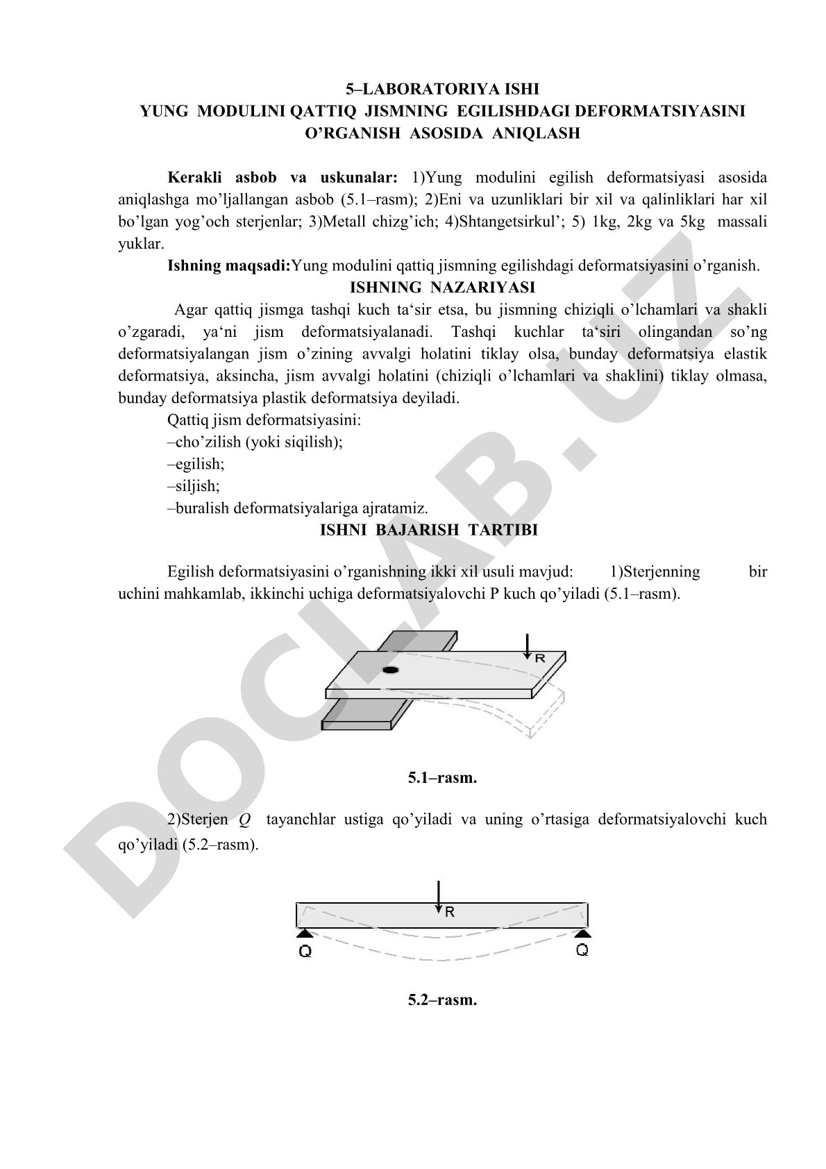 Yung modulini qattiq jismning egilishdagi deformatsiyasini o’rganish asosida aniqlash