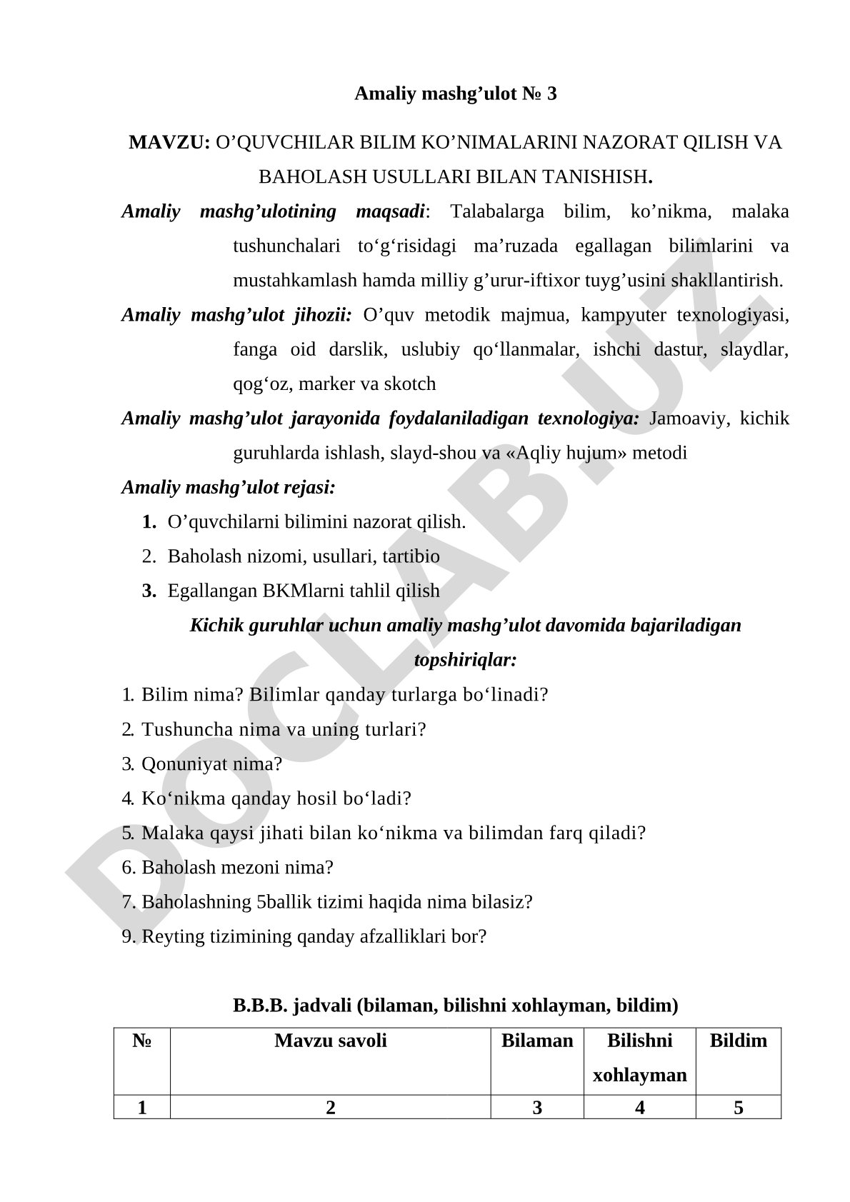 O’QUVCHILAR BILIM KO’NIMALARINI NAZORAT QILISH VA BAHOLASH USULLARI BILAN TANISHISH