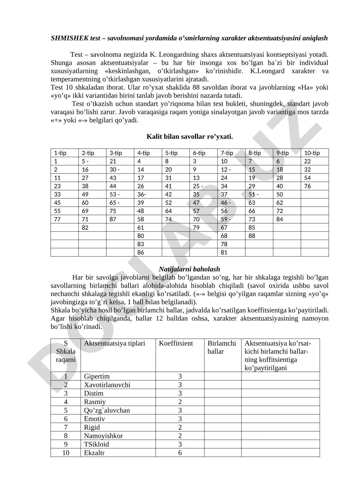 SHMISHEK test – savolnomasi yordamida o’smirlarning xarakter aktsentuatsiyasini aniqlash