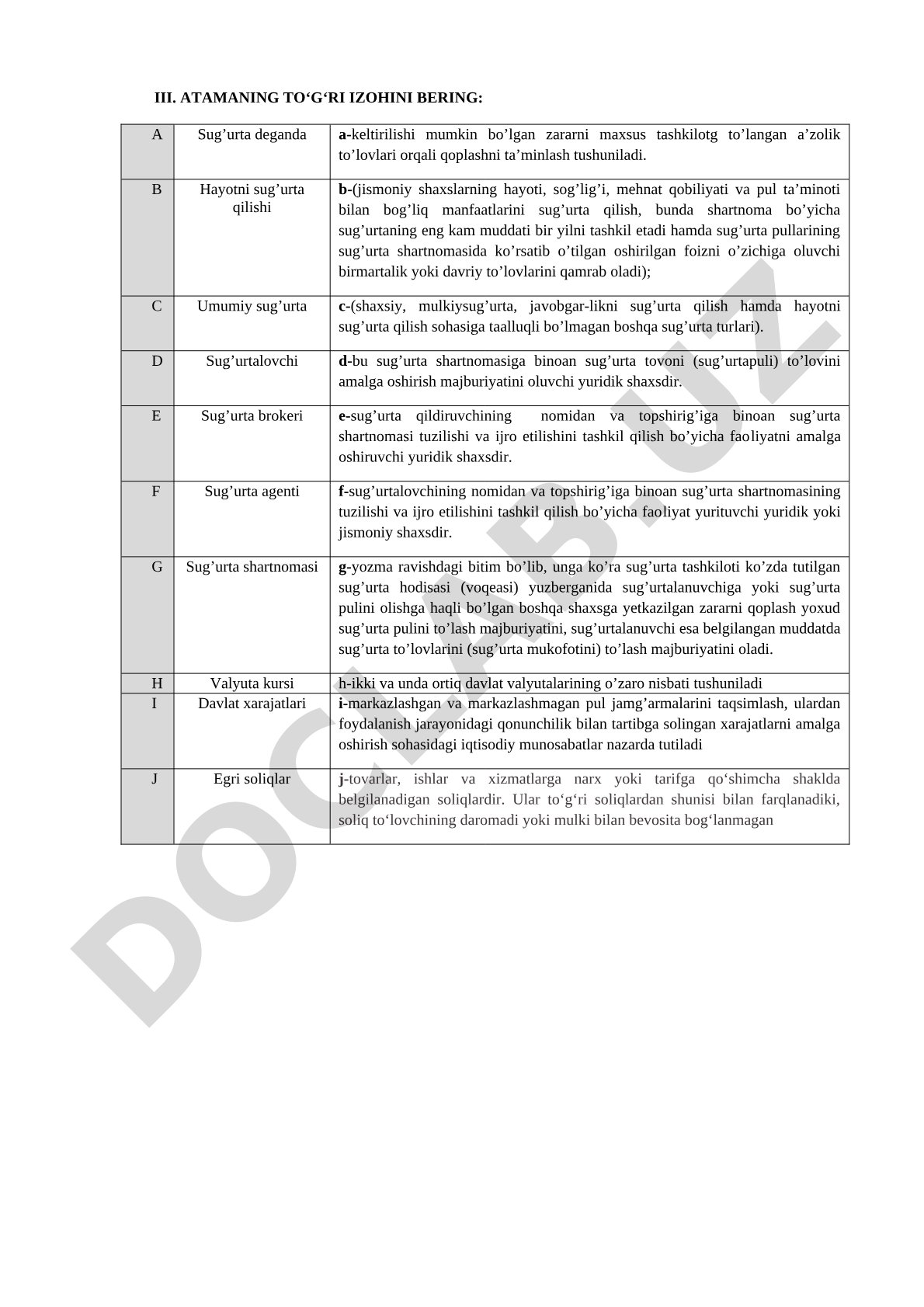 III. Atamaning to‘g‘ri izohini bering