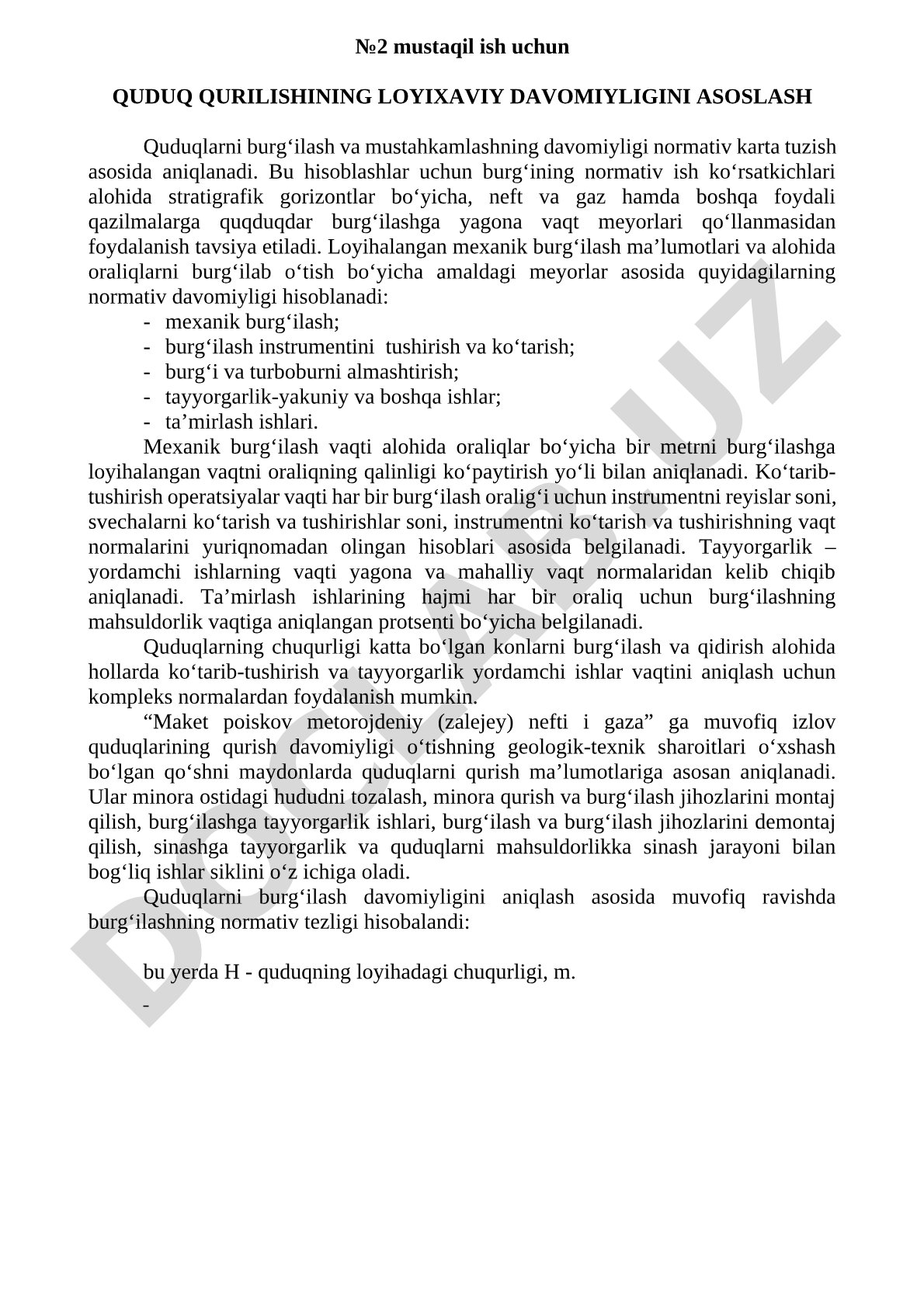 Quduq qurilishining loyixaviy davomiyligini asoslash