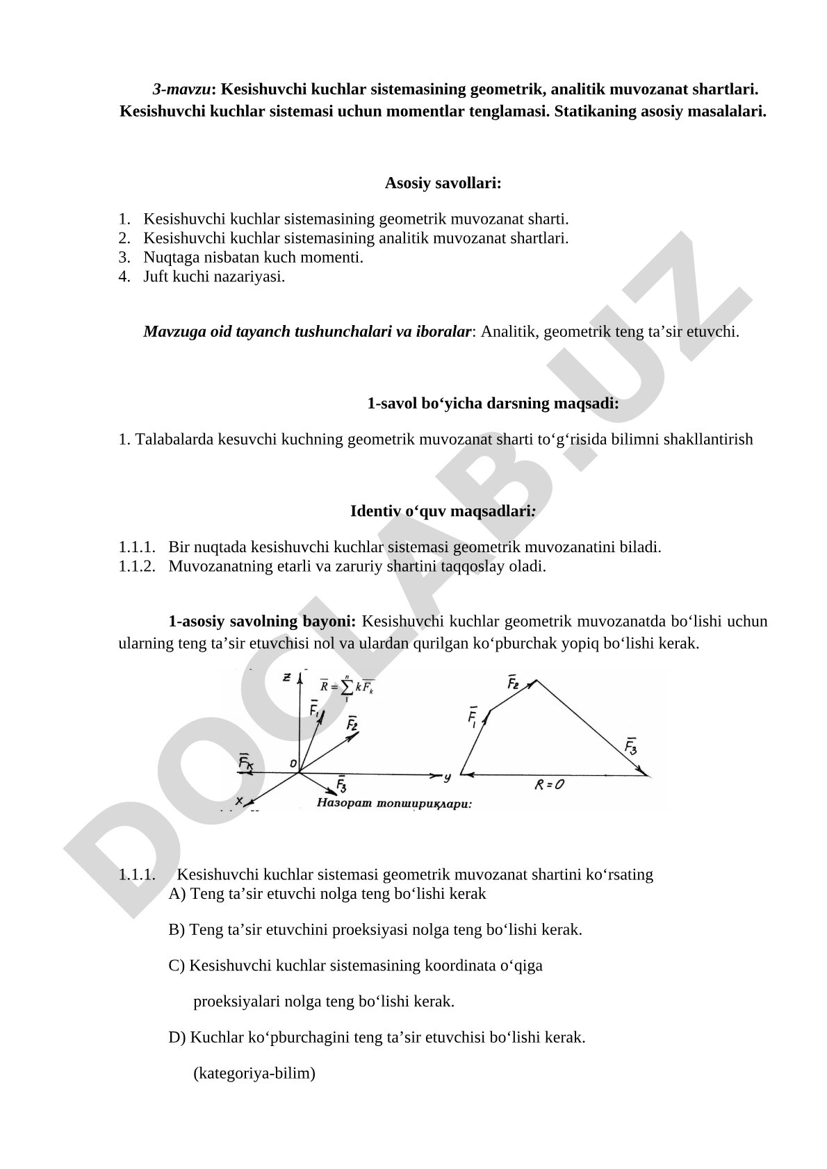 Kesishuvchi kuchlar sistemasining geometrik va analitik muvozanat shartlari